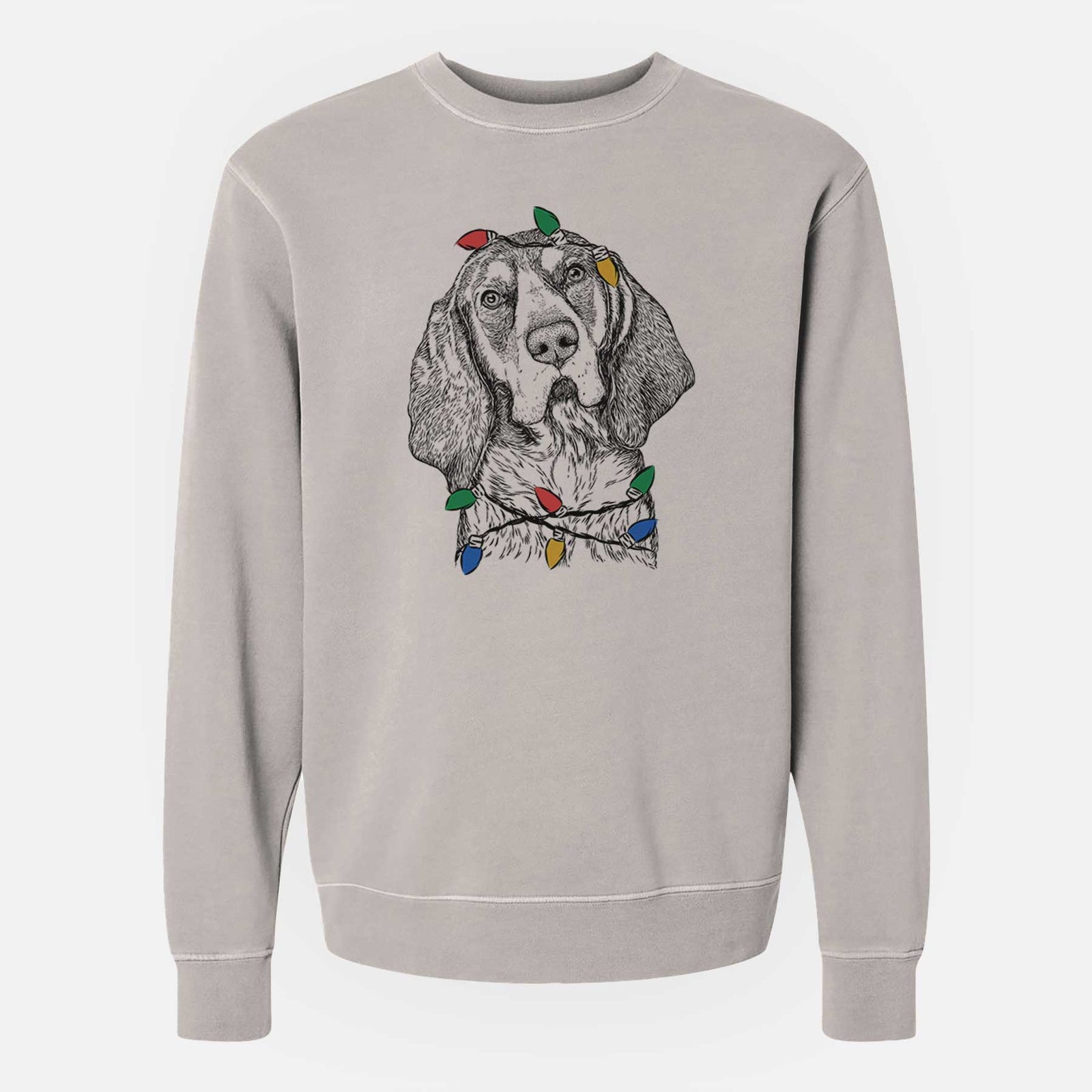 Hand-drawn sketch of Huck the Bluetick Coonhound wrapped in Christmas lights on a Cement Unisex pigment dyed crew sweatshirt