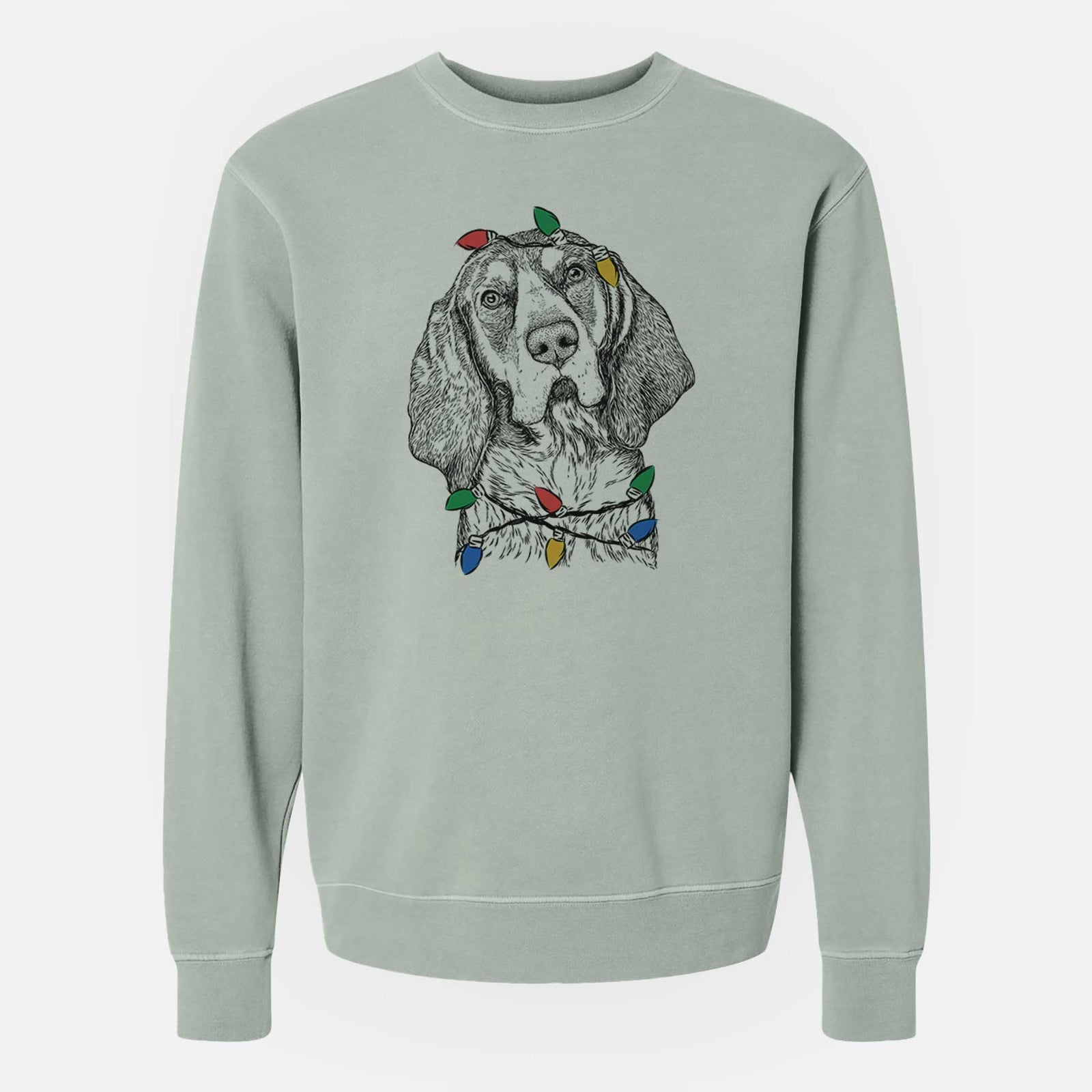 Hand-drawn sketch of Huck the Bluetick Coonhound wrapped in Christmas lights on a Sage Unisex pigment dyed crew sweatshirt