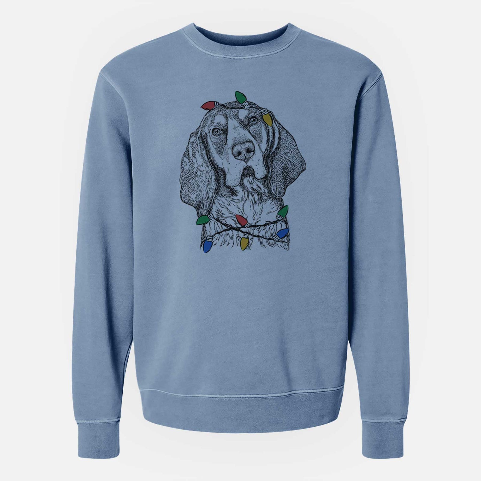 Hand-drawn sketch of Huck the Bluetick Coonhound wrapped in Christmas lights on a Slate Blue Unisex pigment dyed crew sweatshirt