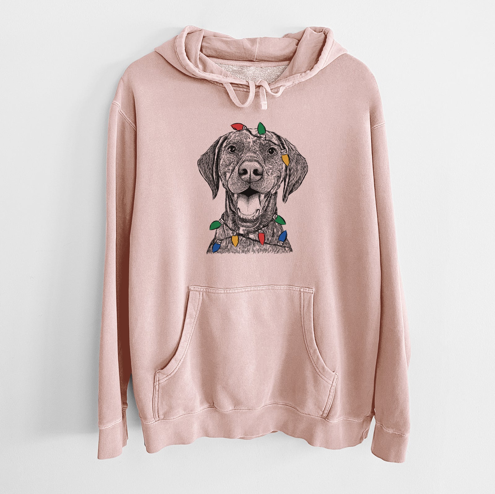 Hand-drawn sketch of Hudson the German Shorthaired Pointer wrapped in Christmas lights on a Dusty Pink Unisex pigment dyed hoodie
