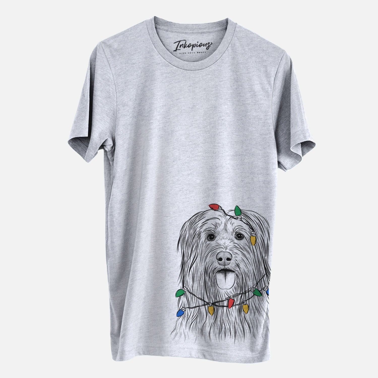 Hand-drawn sketch of Indy the Korean Sapsali wrapped in Christmas lights on a Grey Unisex crewneck