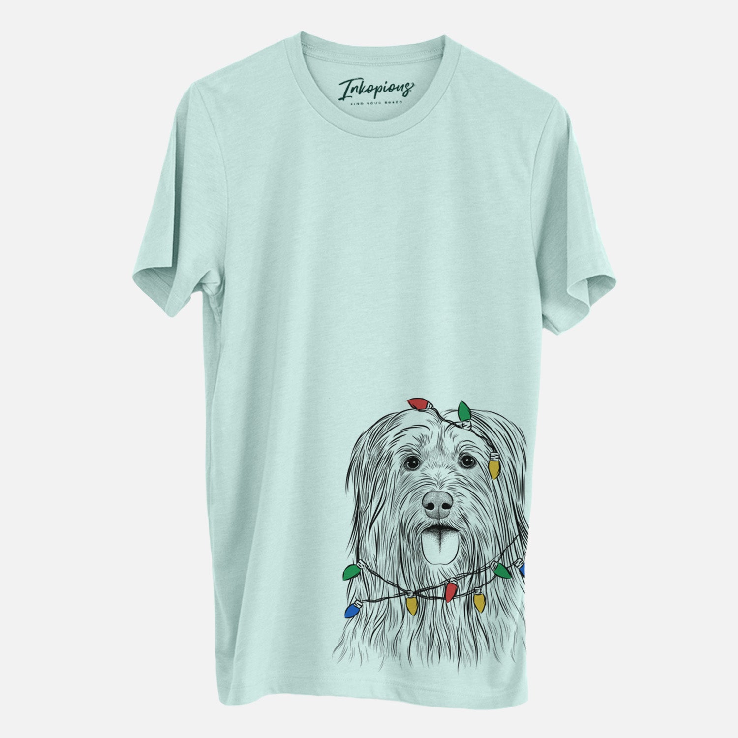Hand-drawn sketch of Indy the Korean Sapsali wrapped in Christmas lights on a Heather Sage Unisex crewneck