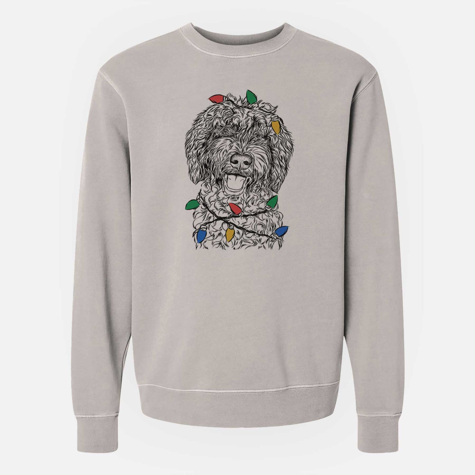 Hand-drawn sketch of Jack the Chocolate Labradoodle wrapped in Christmas lights on a Cement Unisex pigment dyed crew sweatshirt