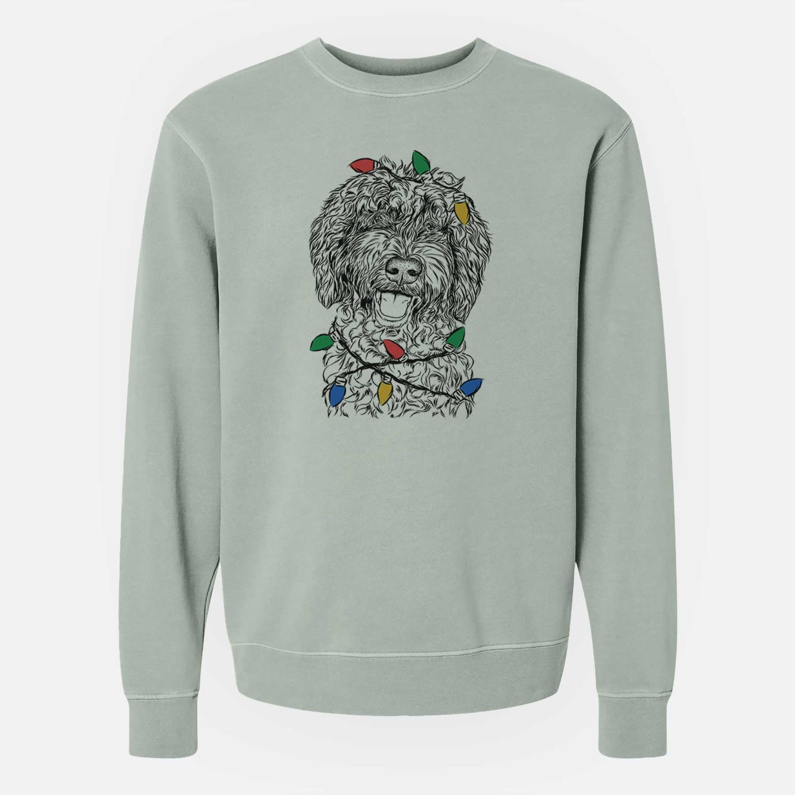 Hand-drawn sketch of Jack the Chocolate Labradoodle wrapped in Christmas lights on a Sage Unisex pigment dyed crew sweatshirt
