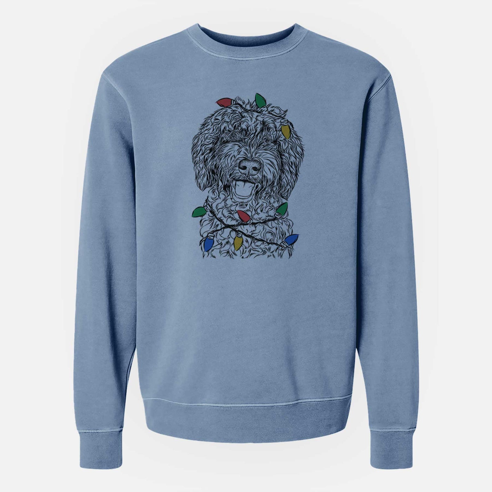 Hand-drawn sketch of Jack the Chocolate Labradoodle wrapped in Christmas lights on a Slate Blue Unisex pigment dyed crew sweatshirt
