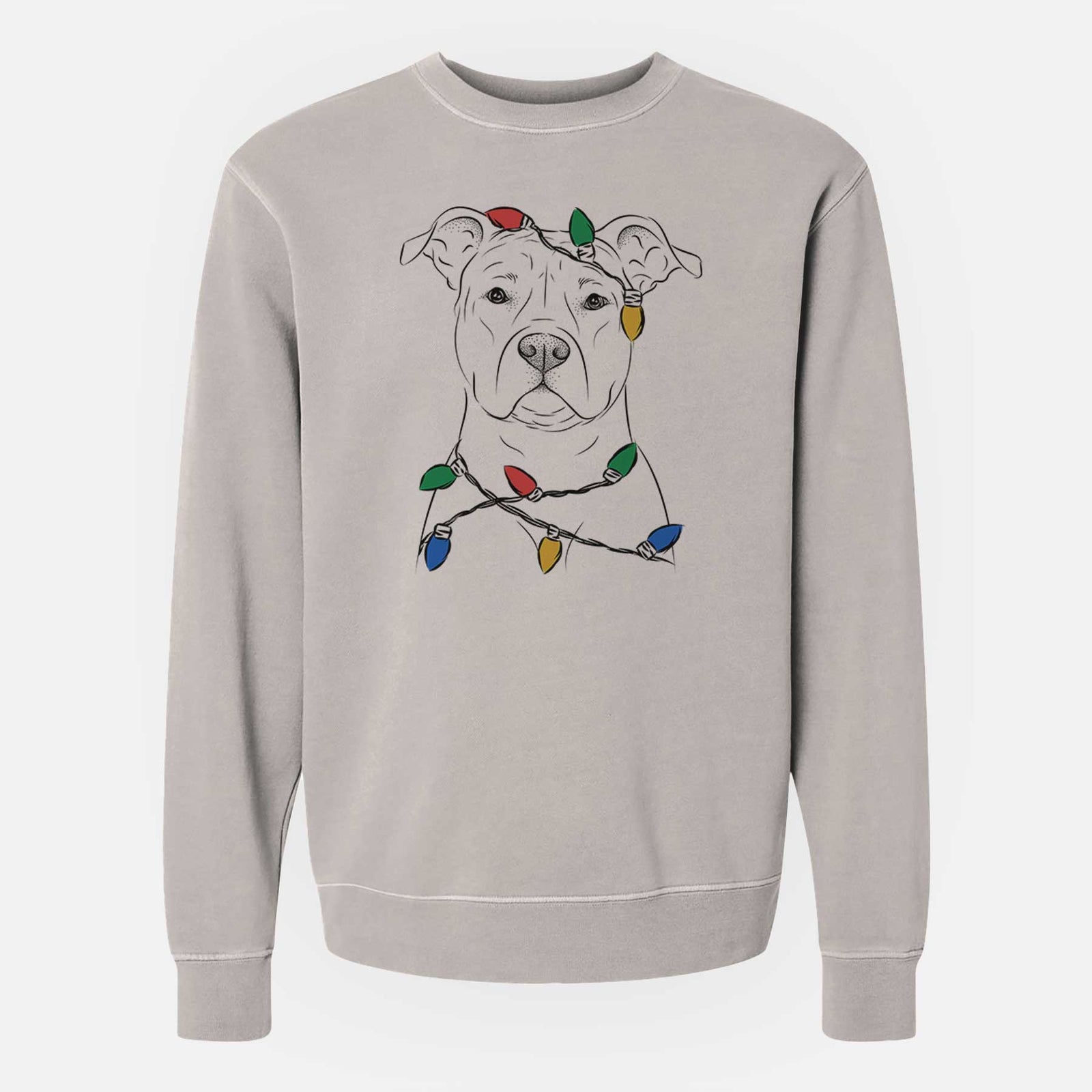 Hand-drawn sketch of Jethro the American Staffordshire Terrier wrapped in Christmas lights on a Cement Unisex pigment dyed crew sweatshirt