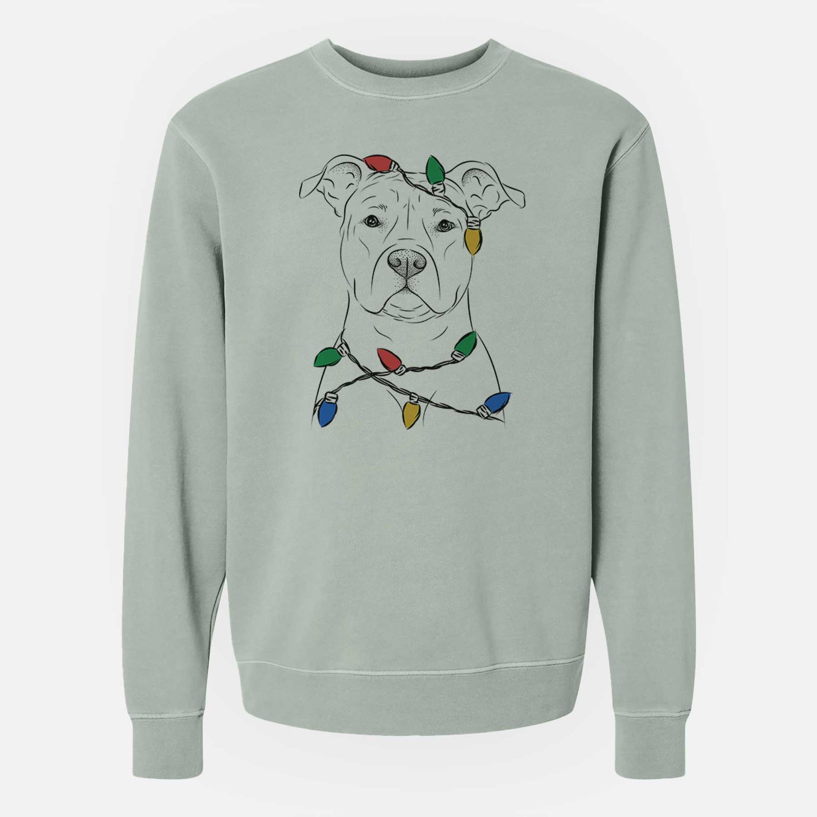 Hand-drawn sketch of Jethro the American Staffordshire Terrier wrapped in Christmas lights on a Sage Unisex pigment dyed crew sweatshirt