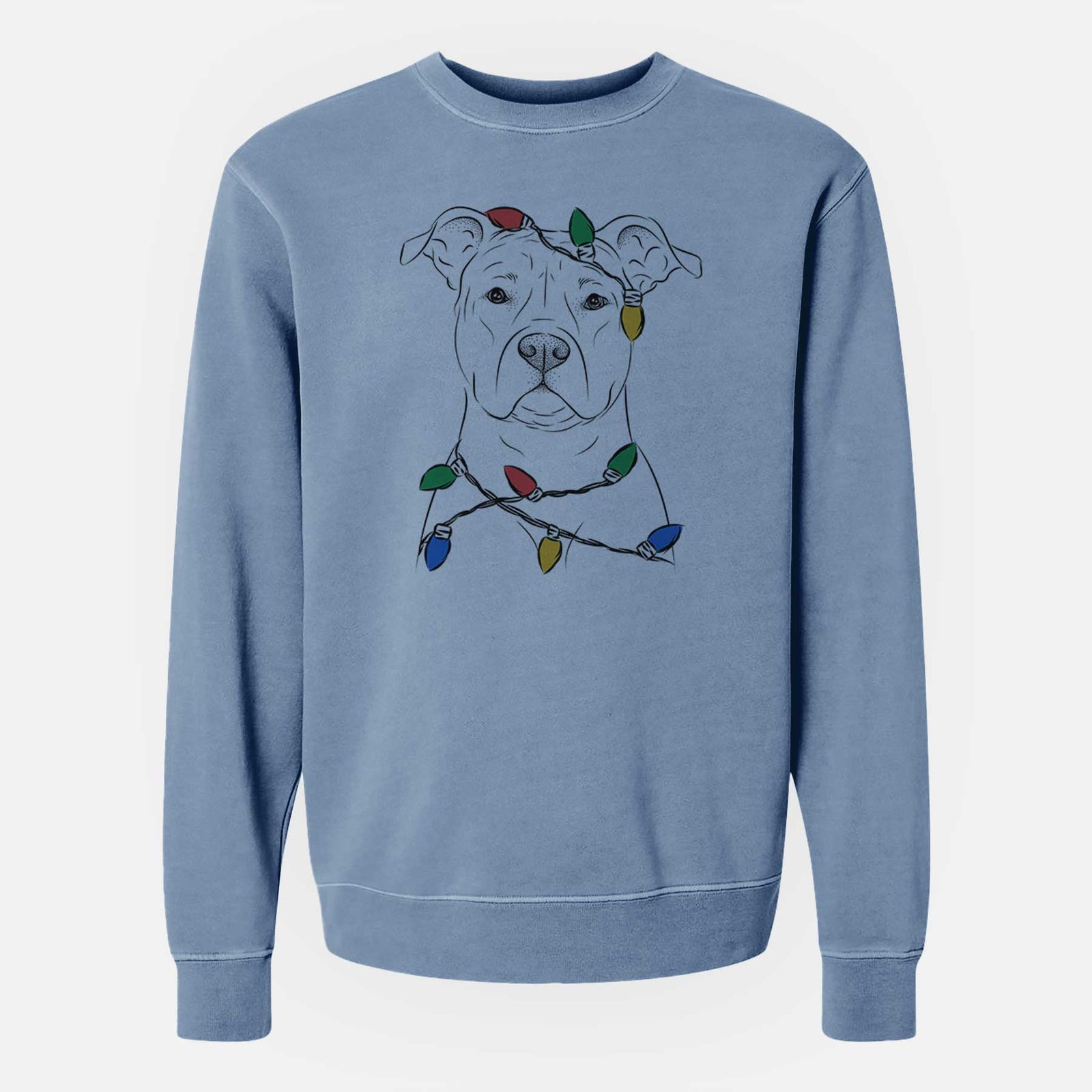 Hand-drawn sketch of Jethro the American Staffordshire Terrier wrapped in Christmas lights on a Slate Blue Unisex pigment dyed crew sweatshirt
