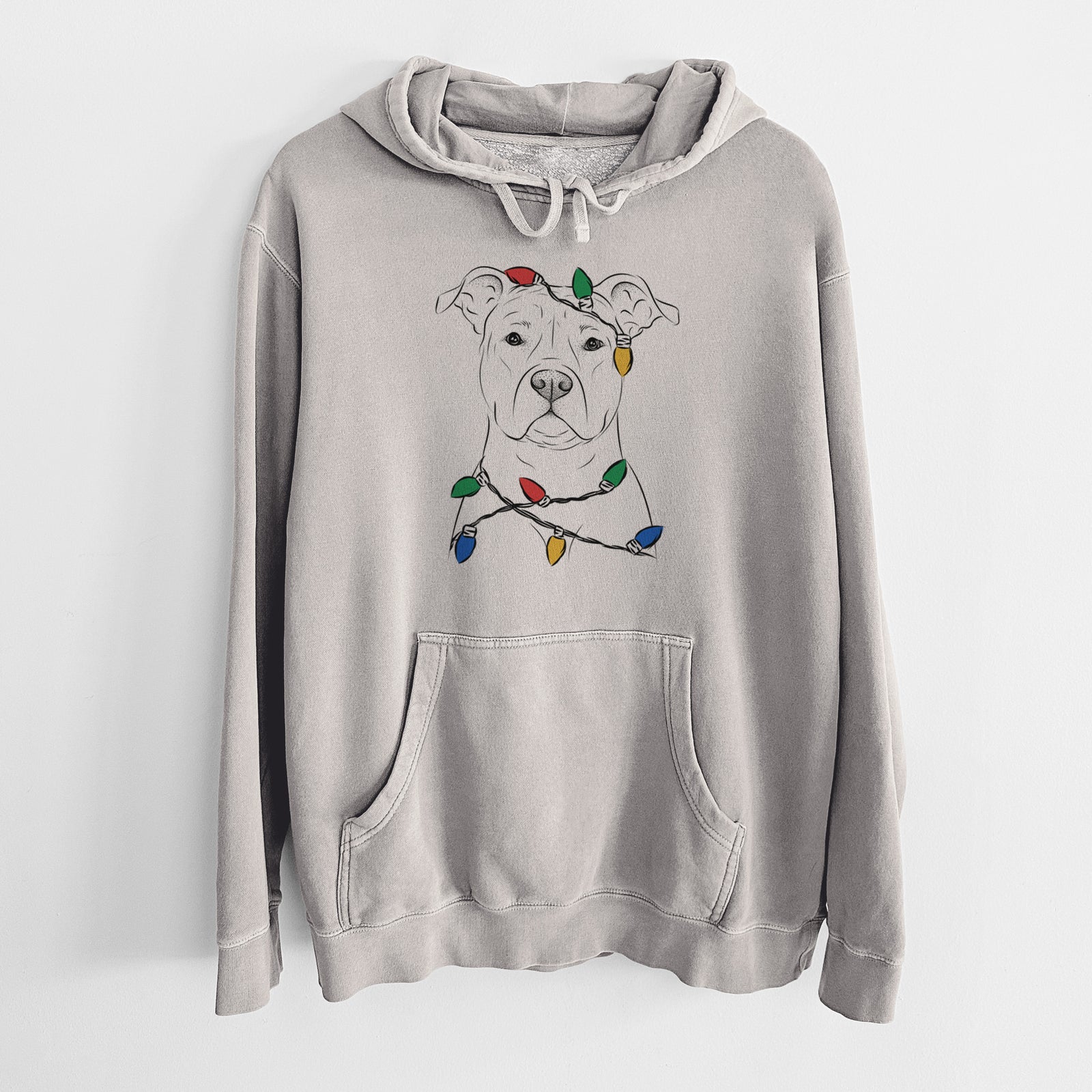 Hand-drawn sketch of Jethro the American Staffordshire Terrier wrapped in Christmas lights on a Cement Unisex pigment dyed hoodie