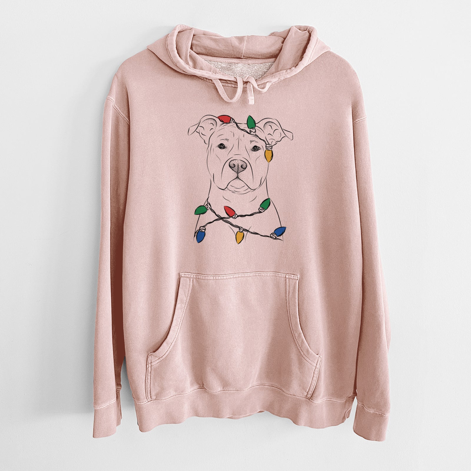 Hand-drawn sketch of Jethro the American Staffordshire Terrier wrapped in Christmas lights on a Dusty Pink Unisex pigment dyed hoodie
