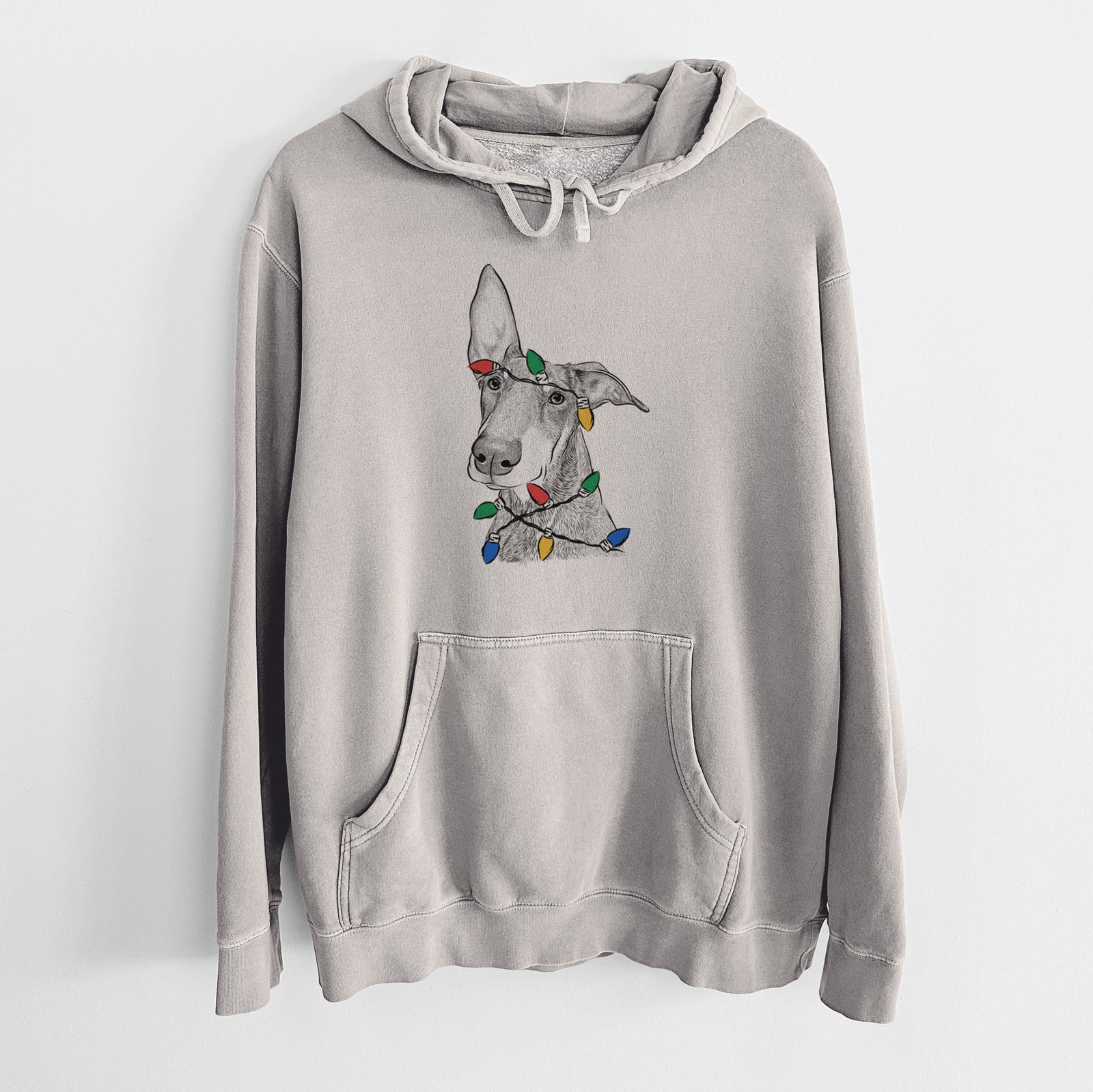 Hand-drawn sketch of Kain the Doberman Pinscher wrapped in Christmas lights on a Cement Unisex pigment dyed hoodie