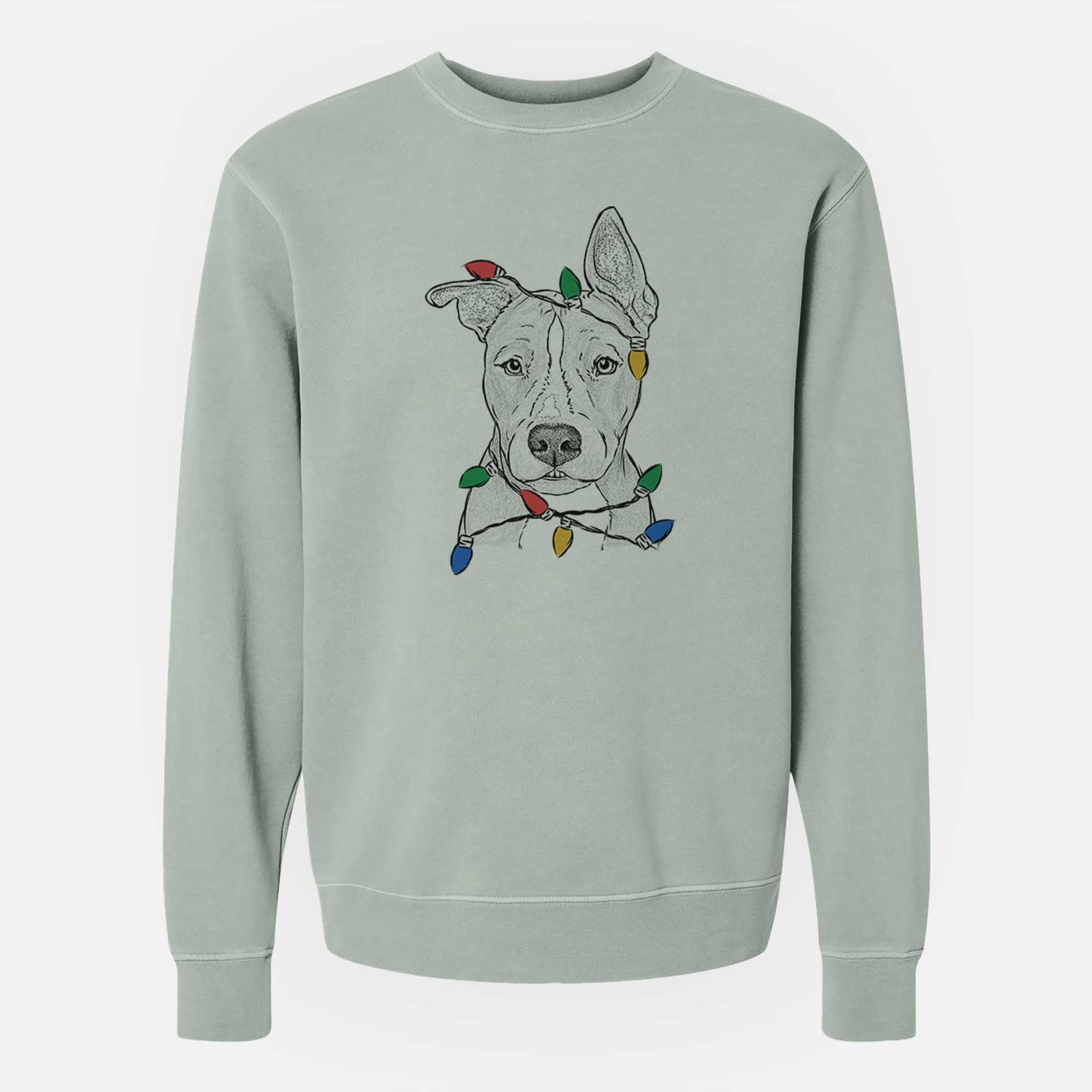 Hand-drawn sketch of Kisses the Pitbull wrapped in Christmas lights on a Sage Unisex pigment dyed crew sweatshirt