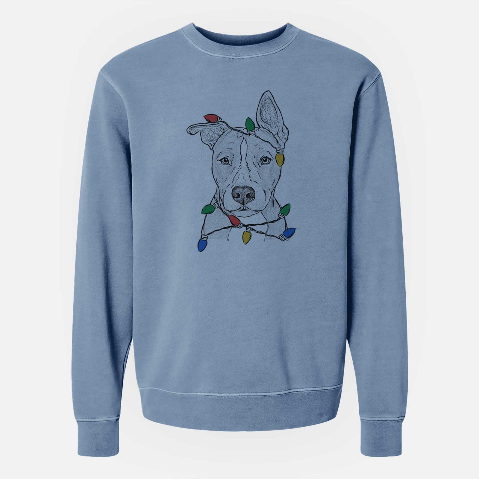 Hand-drawn sketch of Kisses the Pitbull wrapped in Christmas lights on a Slate Blue Unisex pigment dyed crew sweatshirt