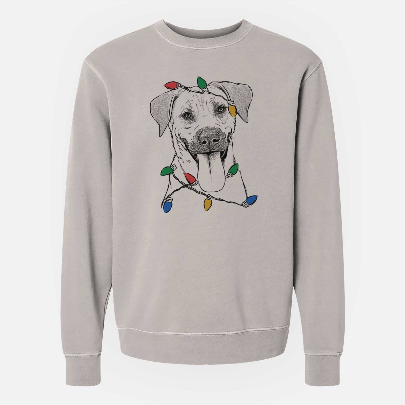 Hand-drawn sketch of Koda the Black Mouth Cur wrapped in Christmas lights on a Cement Unisex pigment dyed crew sweatshirt