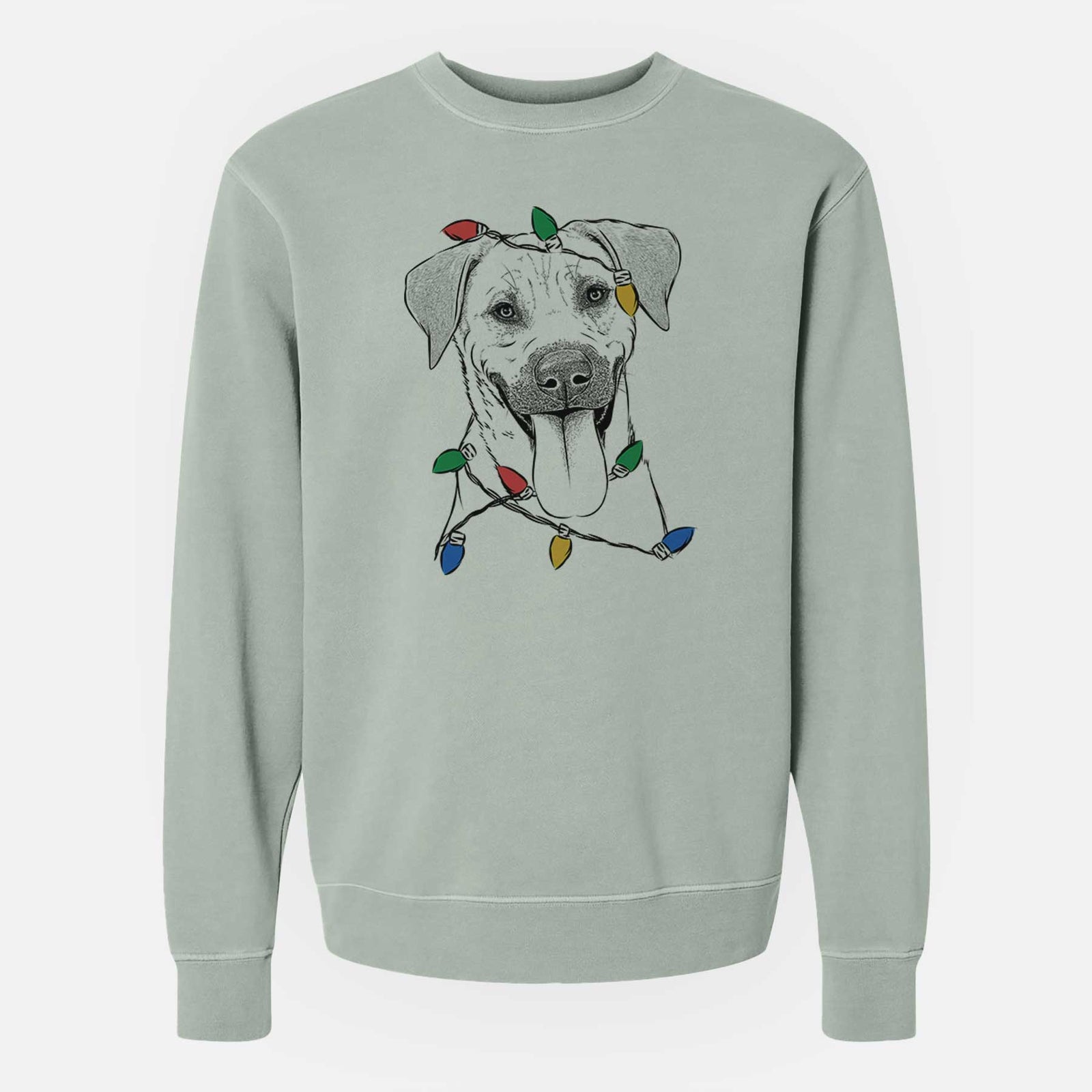 Hand-drawn sketch of Koda the Black Mouth Cur wrapped in Christmas lights on a Sage Unisex pigment dyed crew sweatshirt