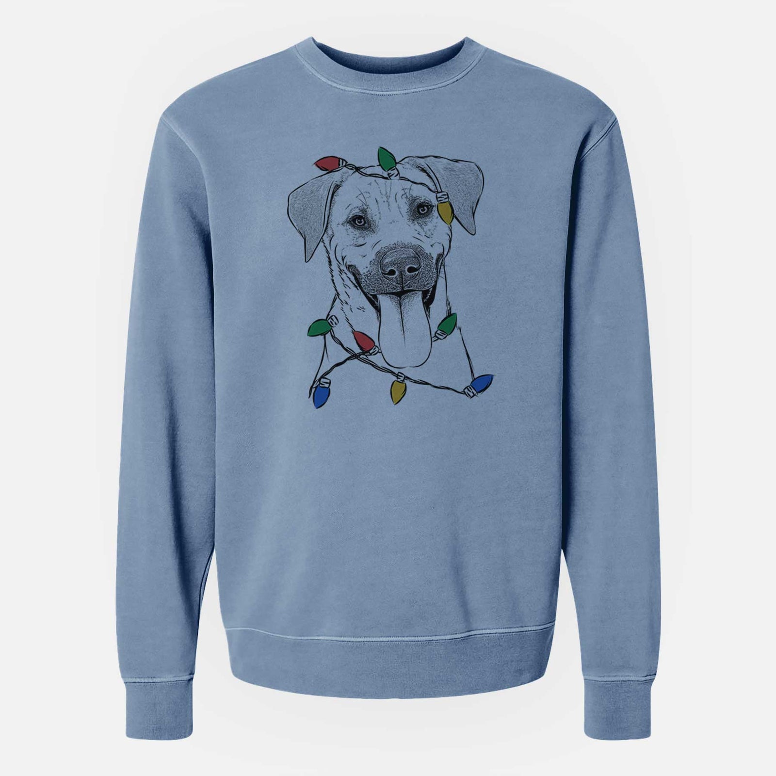 Hand-drawn sketch of Koda the Black Mouth Cur wrapped in Christmas lights on a Slate Blue Unisex pigment dyed crew sweatshirt