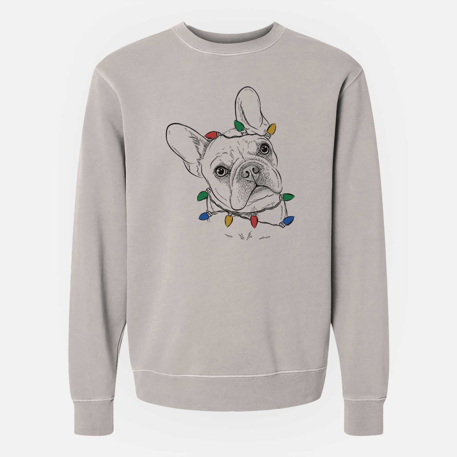 Hand-drawn sketch of Loki the French Bulldog wrapped in Christmas lights on a Cement Unisex pigment dyed crew sweatshirt