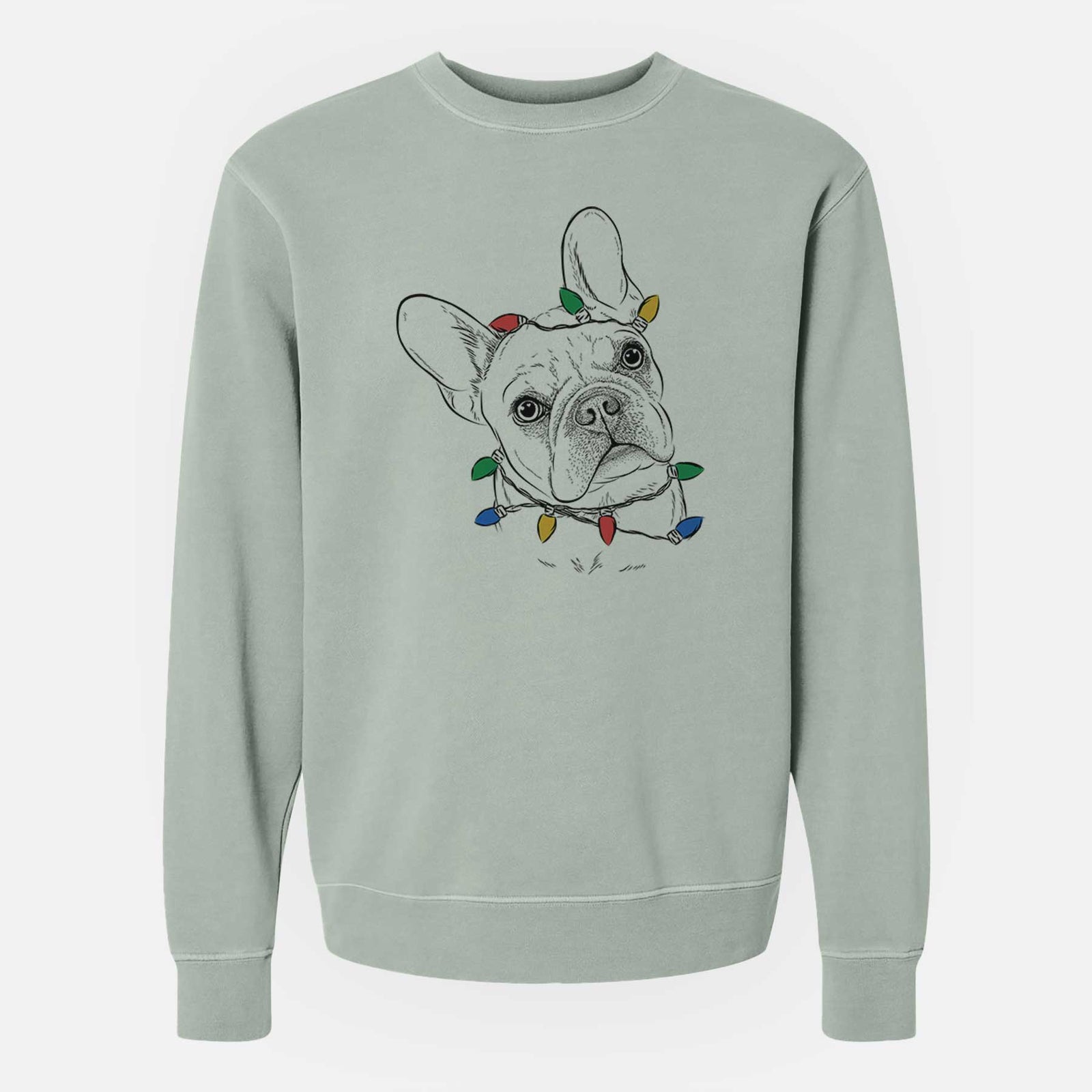 Hand-drawn sketch of Loki the French Bulldog wrapped in Christmas lights on a Sage Unisex pigment dyed crew sweatshirt