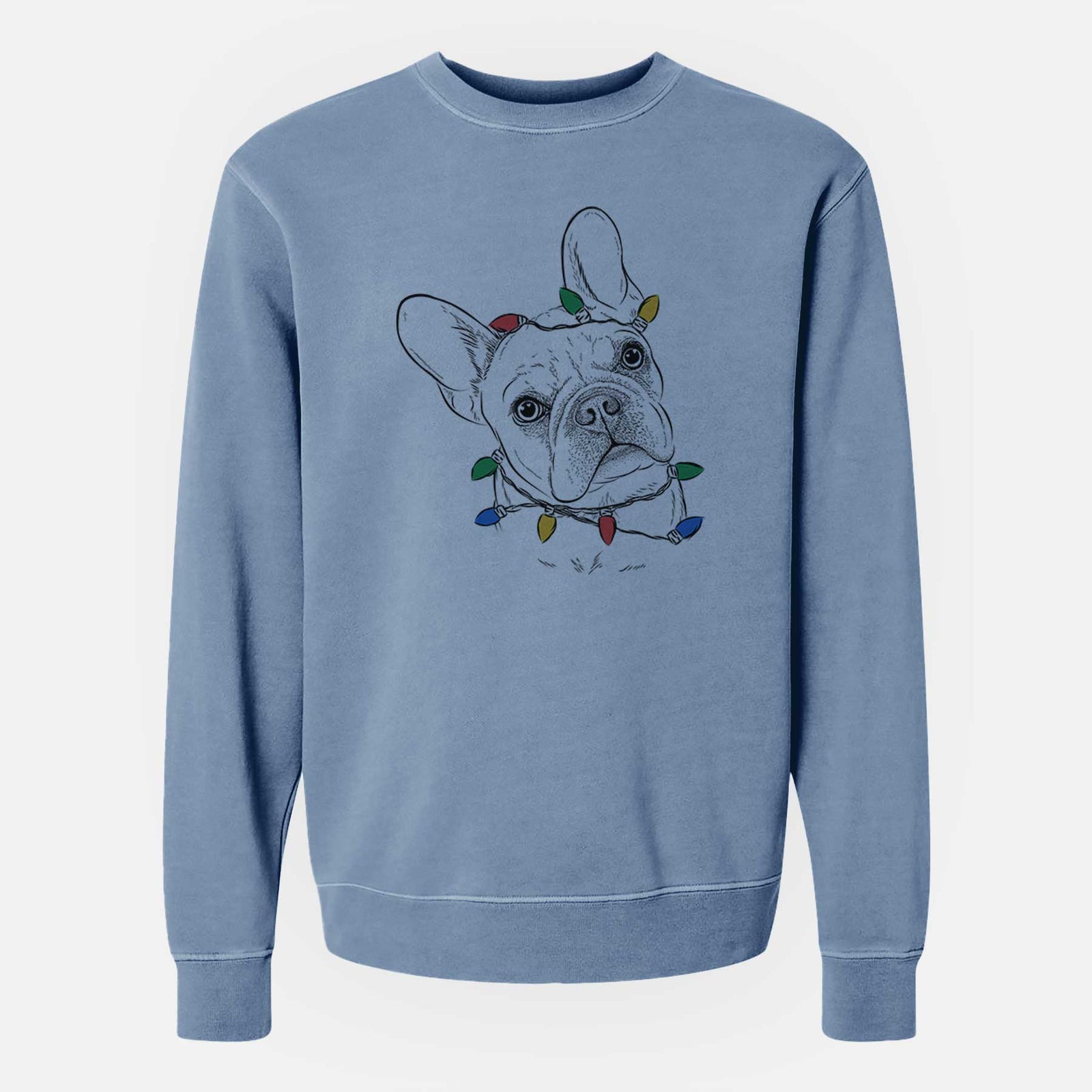 Hand-drawn sketch of Loki the French Bulldog wrapped in Christmas lights on a Slate Blue Unisex pigment dyed crew sweatshirt