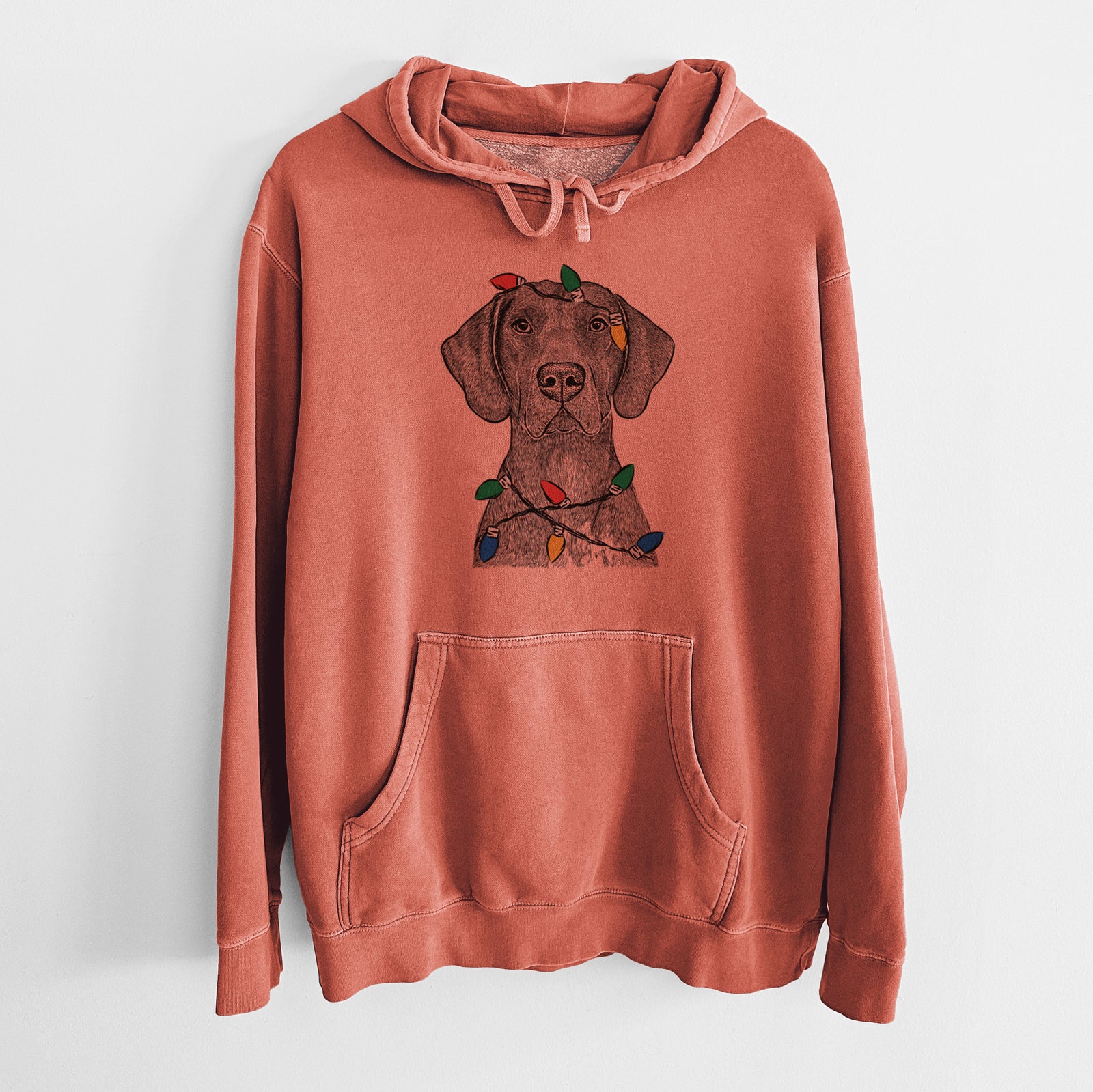 Hand-drawn sketch of Lucifer the German Shorthaired Pointer wrapped in Christmas lights on an Amber Unisex pigment dyed hoodie