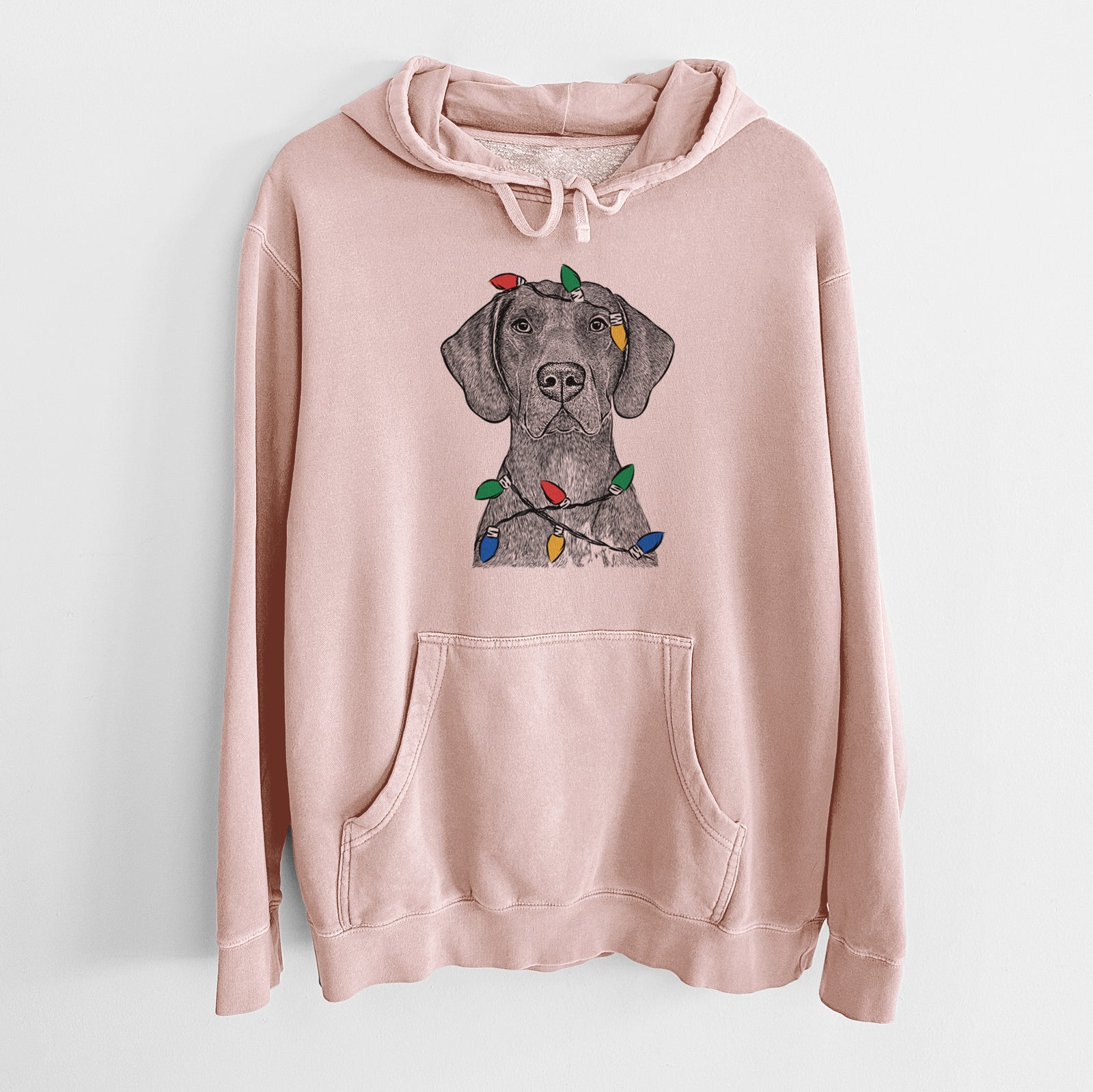 Hand-drawn sketch of Lucifer the German Shorthaired Pointer wrapped in Christmas lights on a Dusty Pink Unisex pigment dyed hoodie