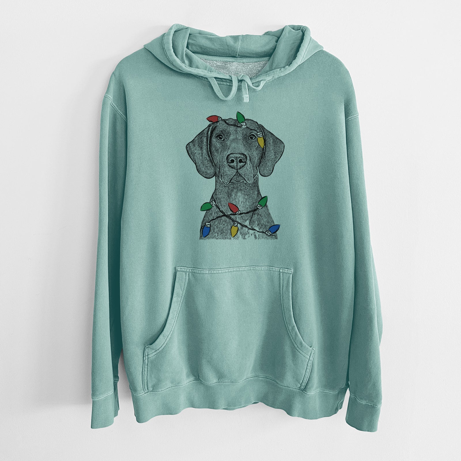 Hand-drawn sketch of Lucifer the German Shorthaired Pointer wrapped in Christmas lights on a Mint Unisex pigment dyed hoodie