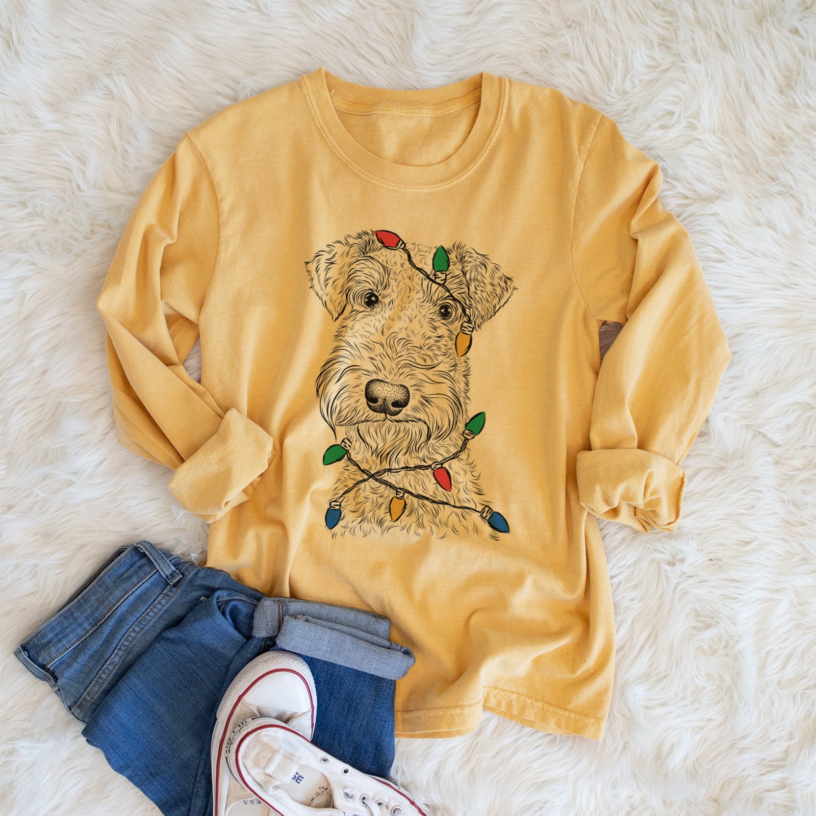 Christmas Lights Roc Haven Maggie May the Airedale Terrier - Heavyweight 100% Cotton Long Sleeve