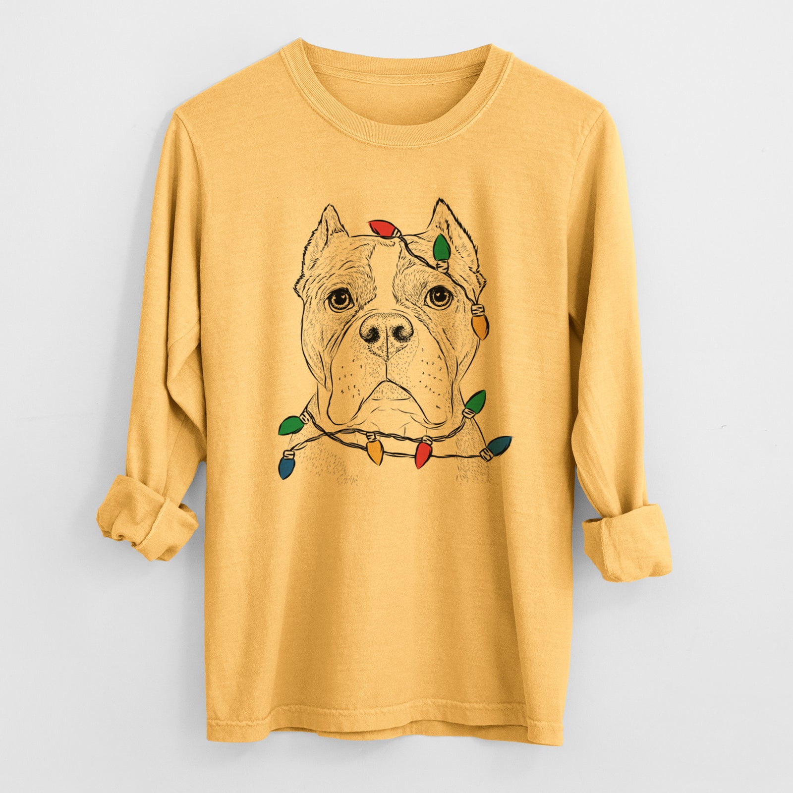 Christmas Lights Maggie the American Bulldog - Heavyweight 100% Cotton Long Sleeve