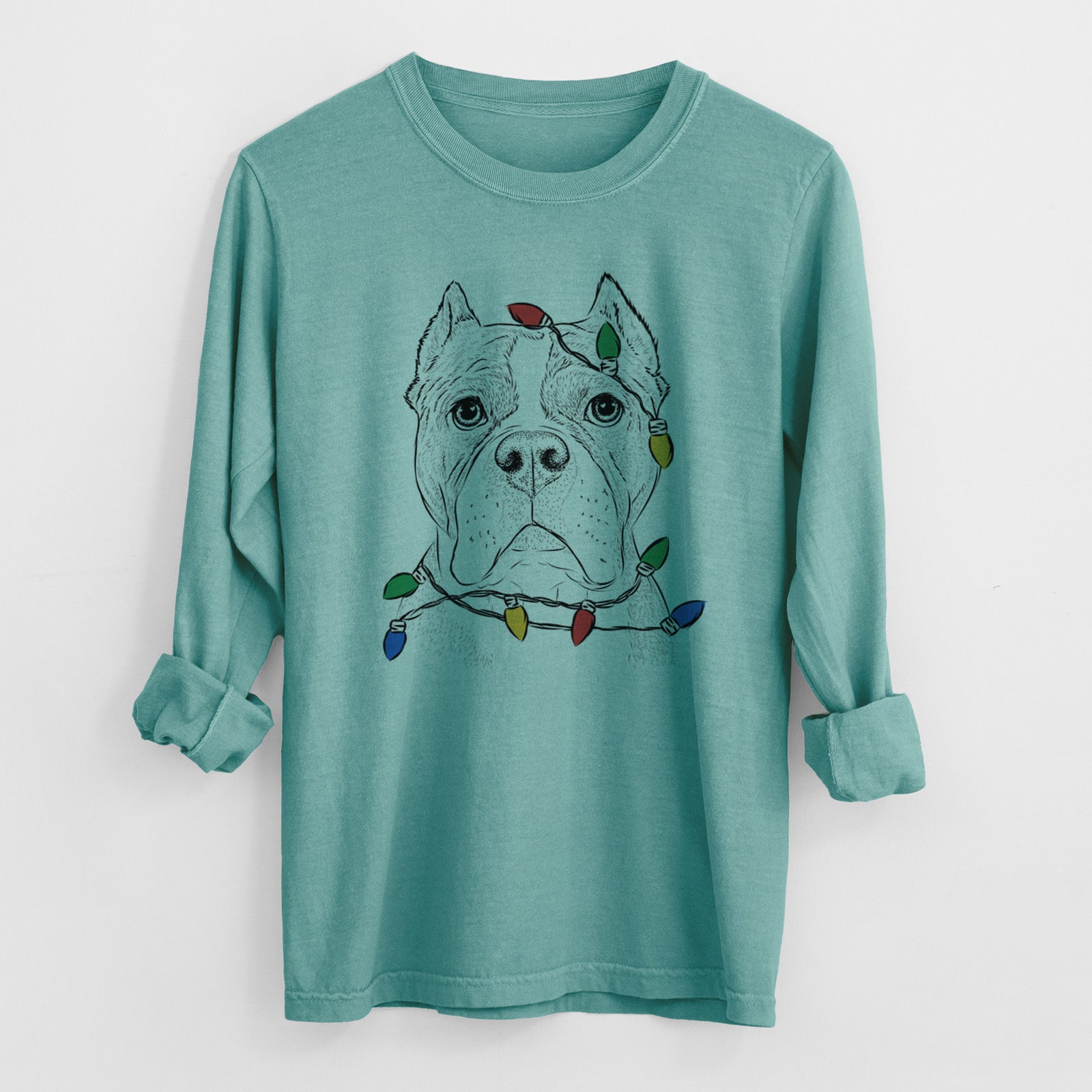 Christmas Lights Maggie the American Bulldog - Heavyweight 100% Cotton Long Sleeve