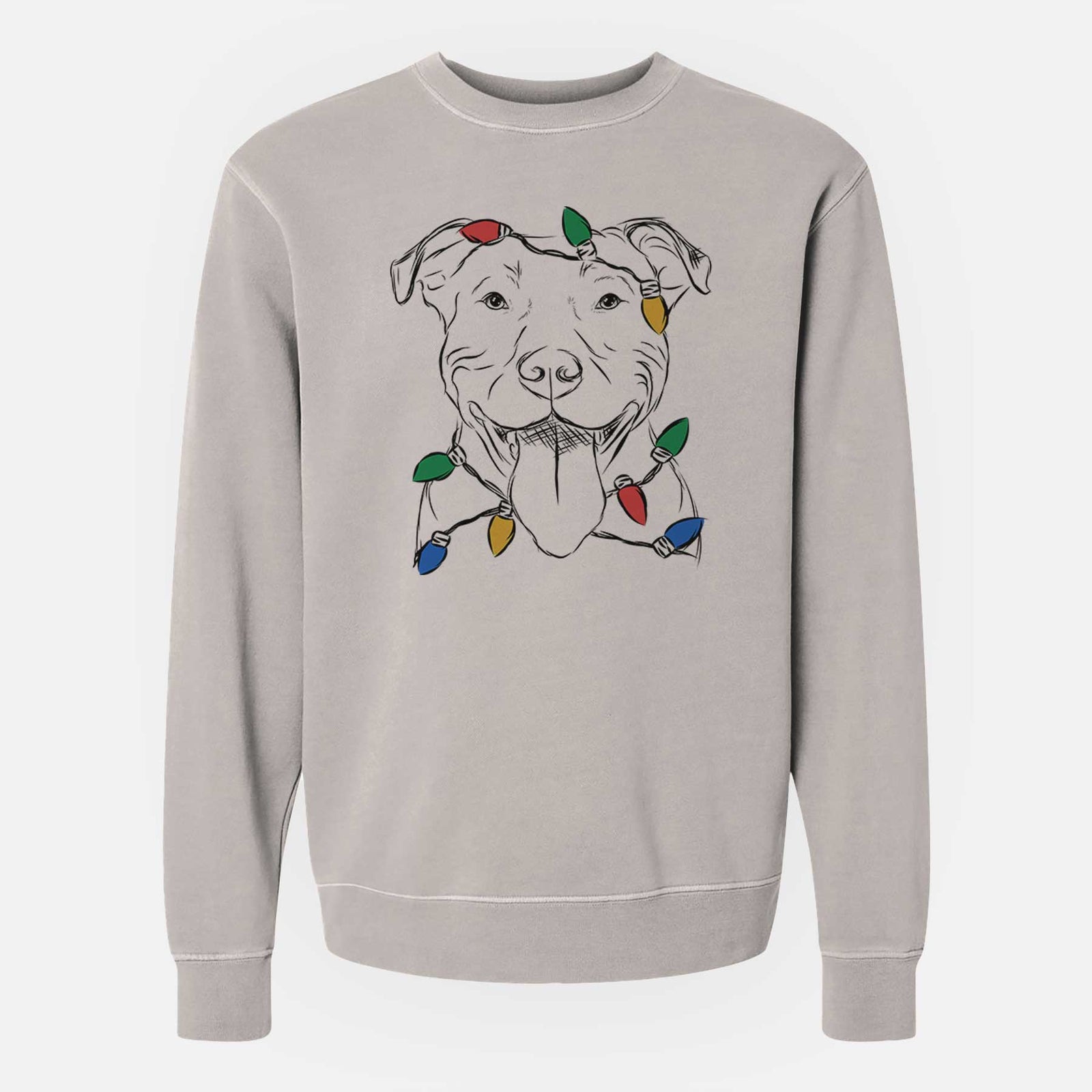 Hand-drawn sketch of Major the Pitbull wrapped in Christmas lights on a Cement Unisex pigment dyed crew sweatshirt