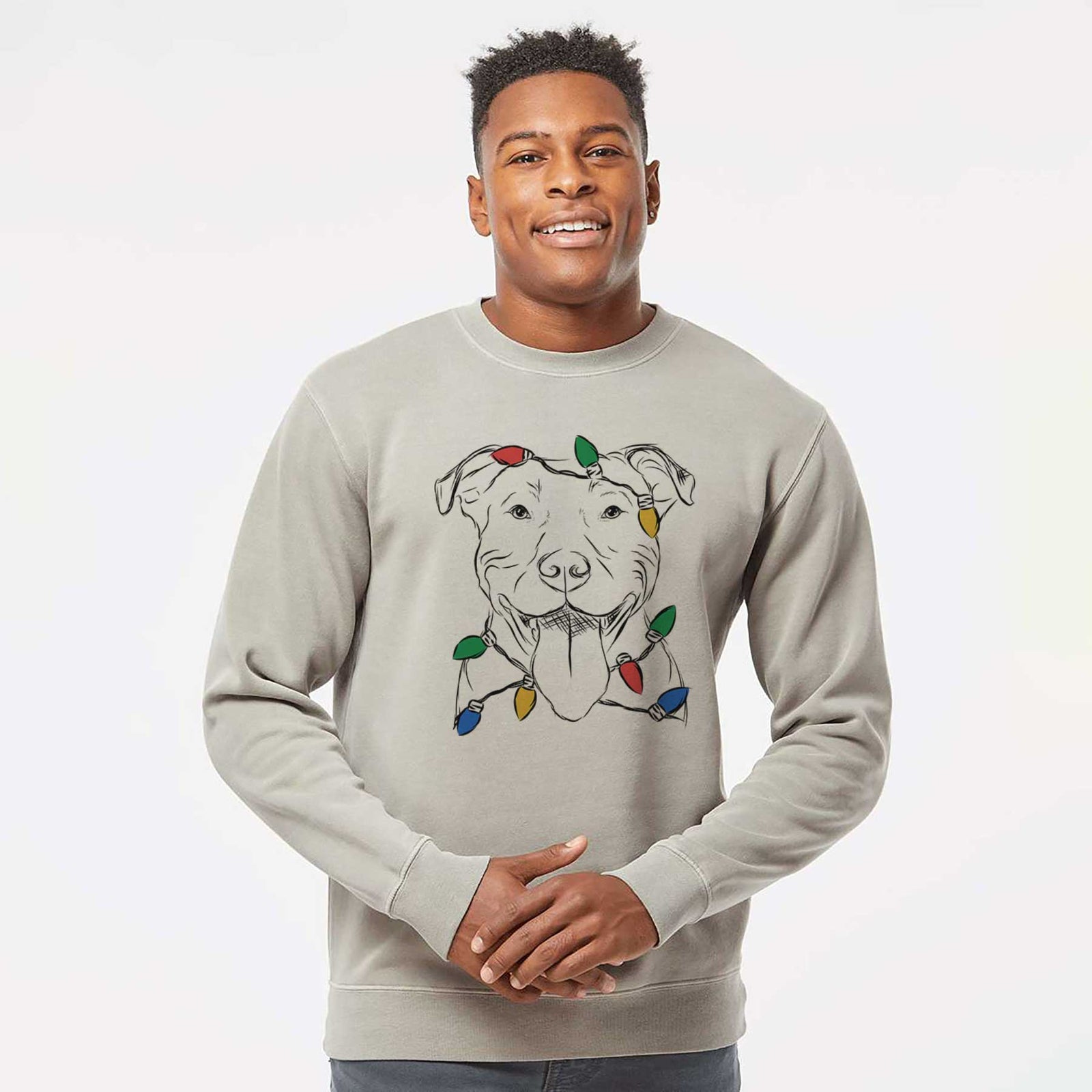 Hand-drawn sketch of Major the Pitbull wrapped in Christmas lights on a Cement Unisex pigment dyed crew sweatshirt