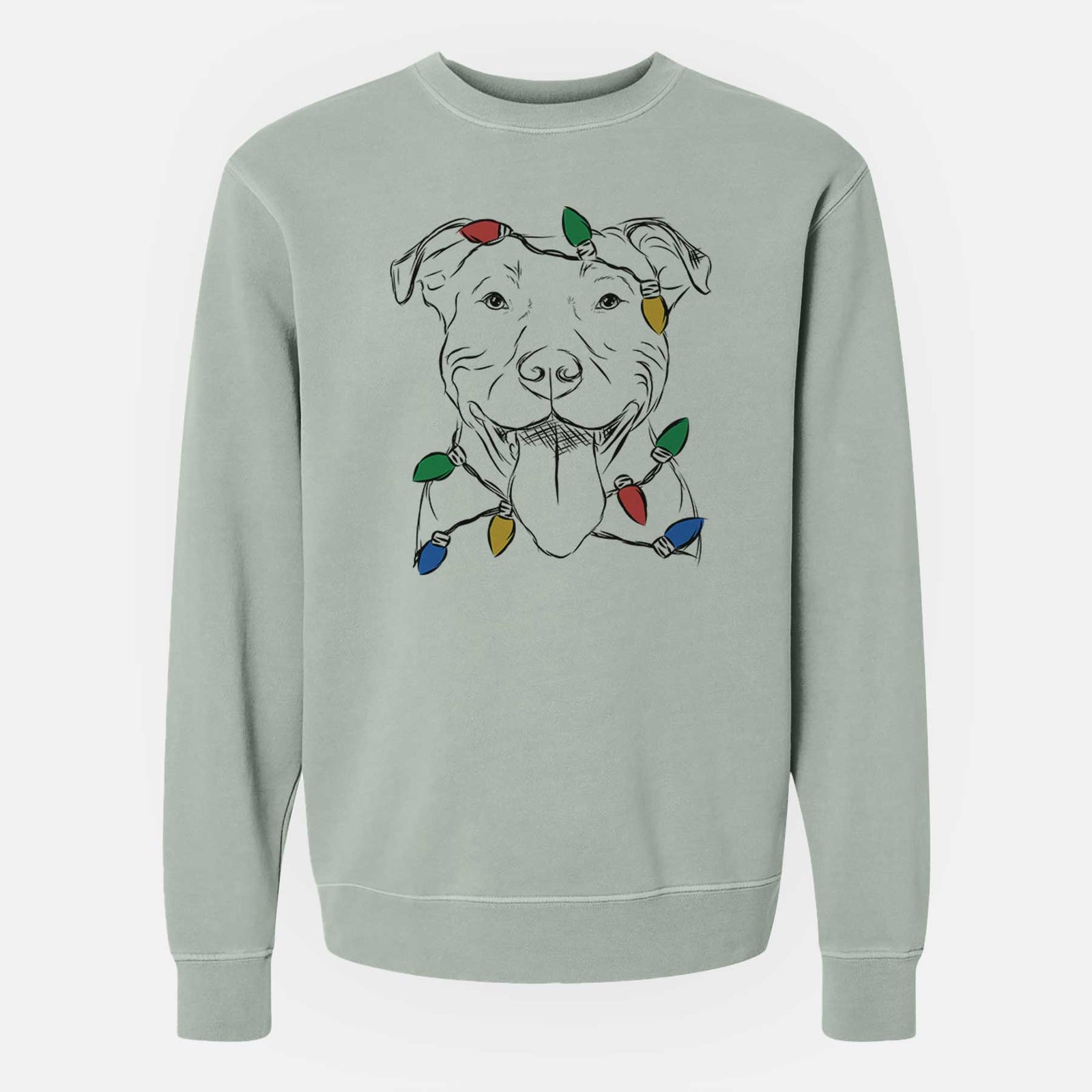 Hand-drawn sketch of Major the Pitbull wrapped in Christmas lights on a Sage Unisex pigment dyed crew sweatshirt