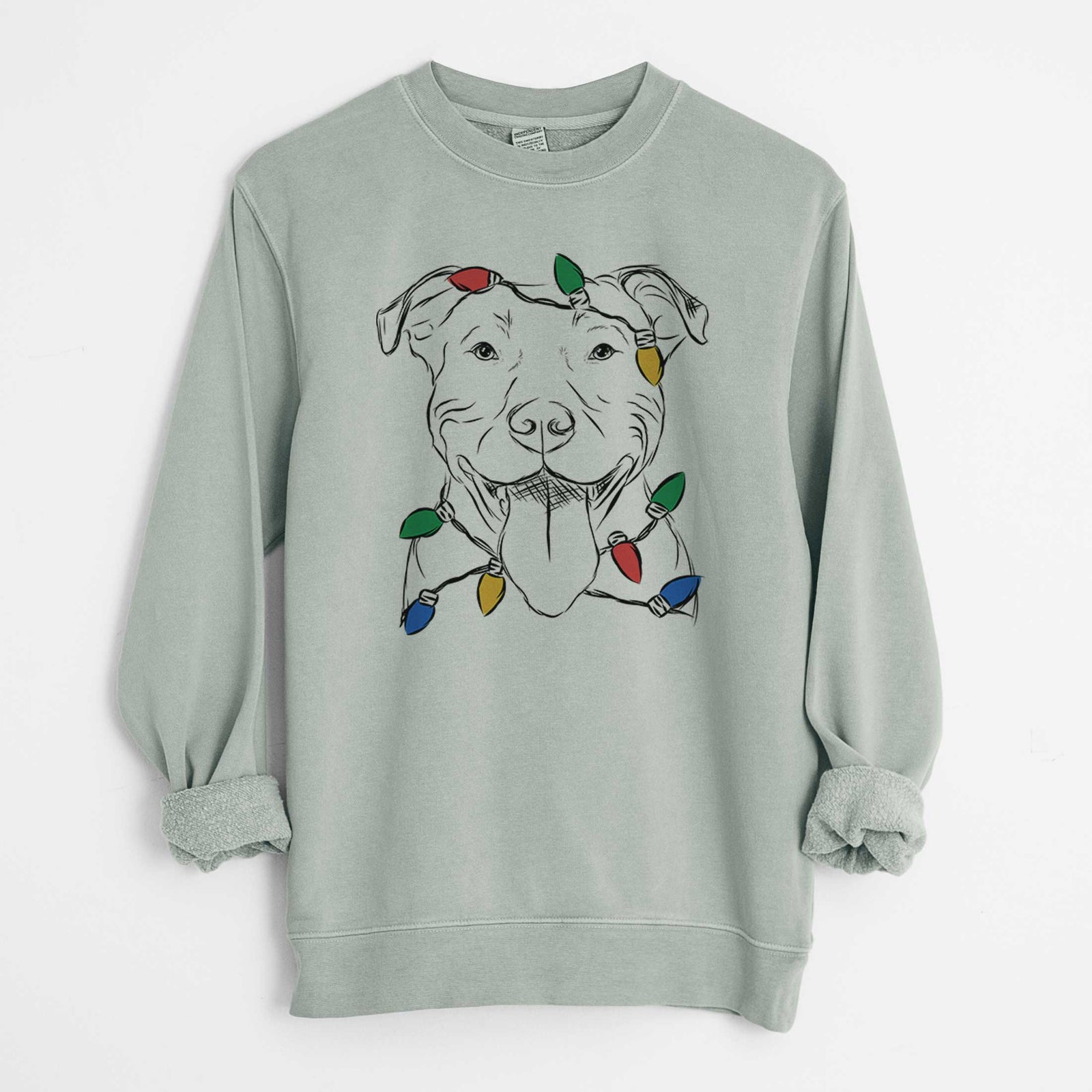 Hand-drawn sketch of Major the Pitbull wrapped in Christmas lights on a Sage Unisex pigment dyed crew sweatshirt