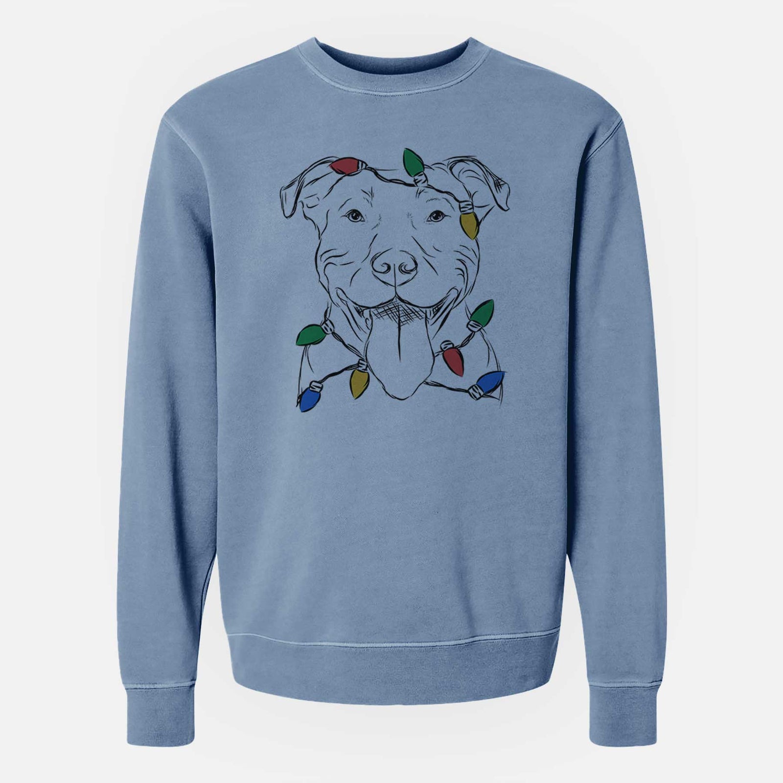 Hand-drawn sketch of Major the Pitbull wrapped in Christmas lights on a Slate Blue Unisex pigment dyed crew sweatshirt