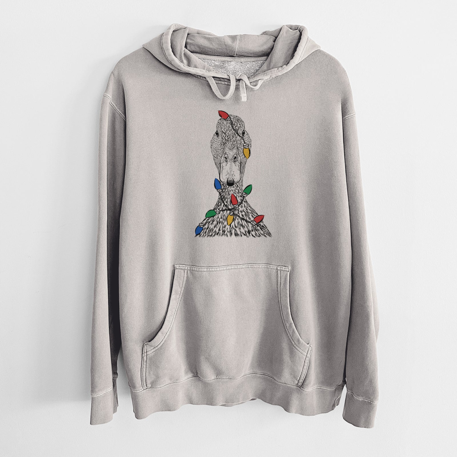 Hand-drawn sketch of Marge the Mallard Duck wrapped in Christmas lights on a Cement Unisex pigment dyed hoodie