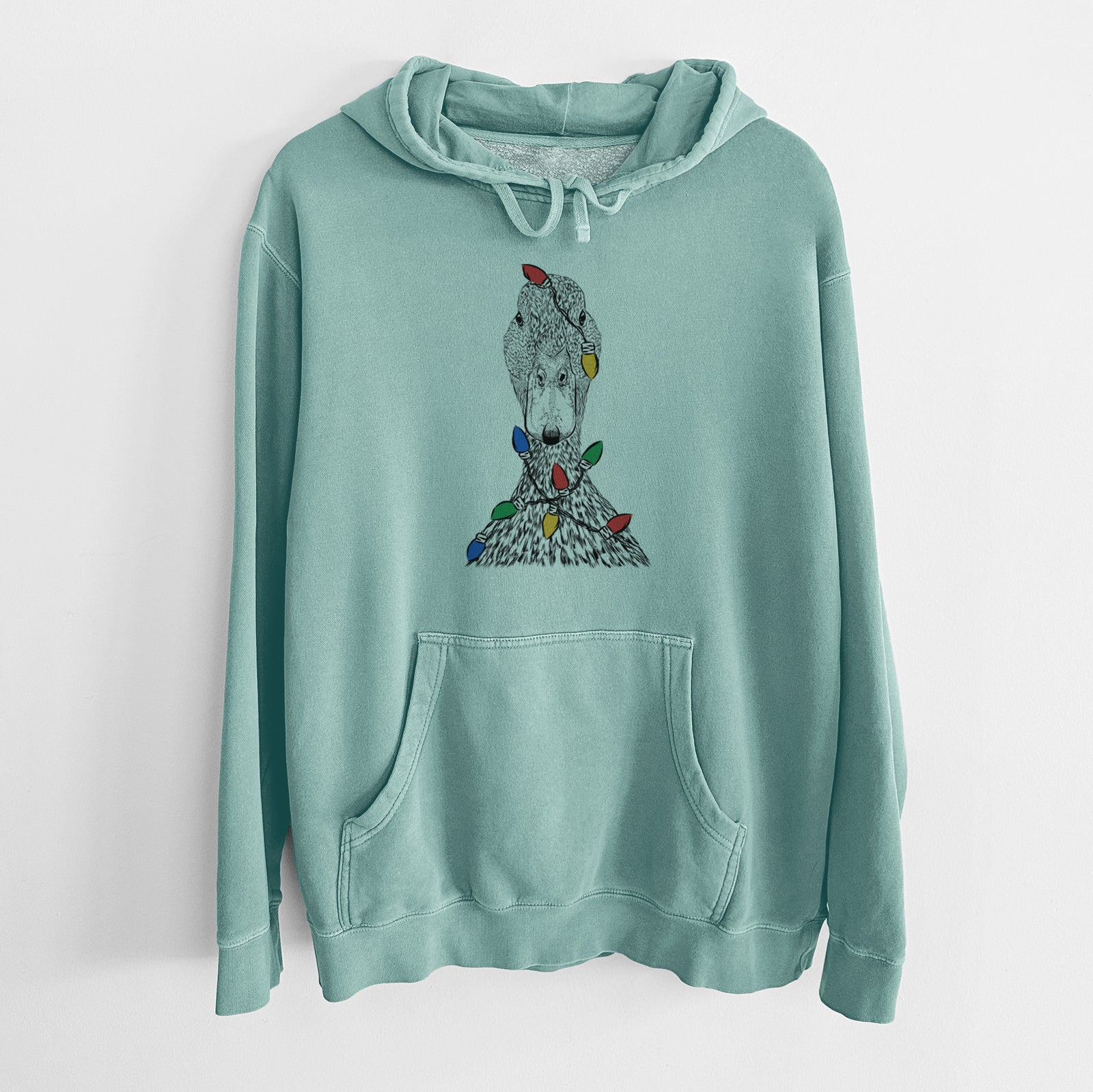Hand-drawn sketch of Marge the Mallard Duck wrapped in Christmas lights on a Mint Unisex pigment dyed hoodie