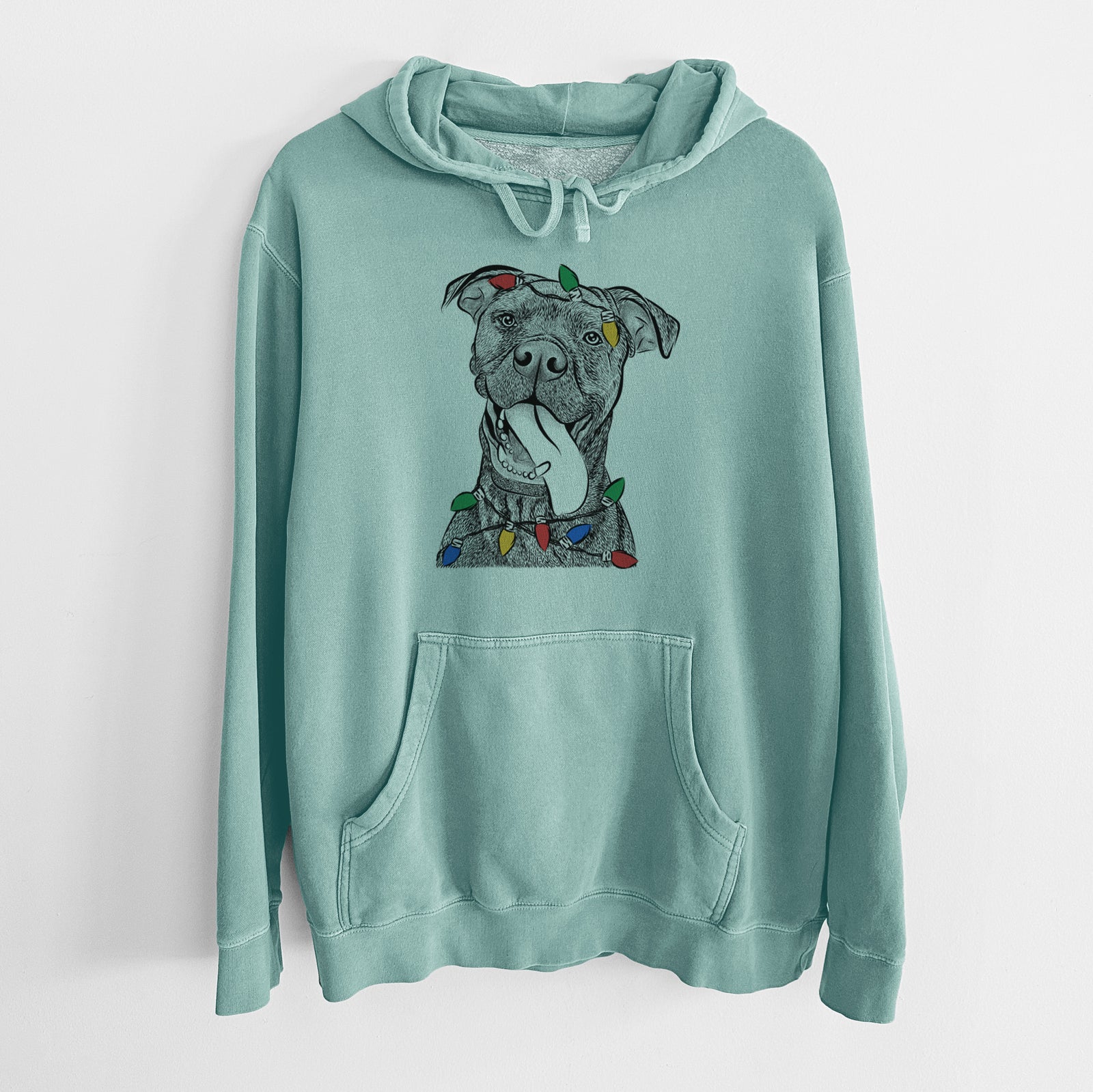 Hand-drawn sketch of Mikey the Boxador wrapped in Christmas lights on a Mint Unisex pigment dyed hoodie