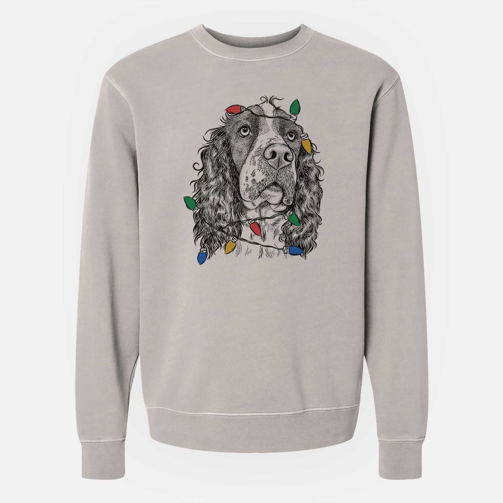 Hand-drawn sketch of Millie Mae the English Springer Spaniel wrapped in Christmas lights on a Cement Unisex pigment dyed crew sweatshirt