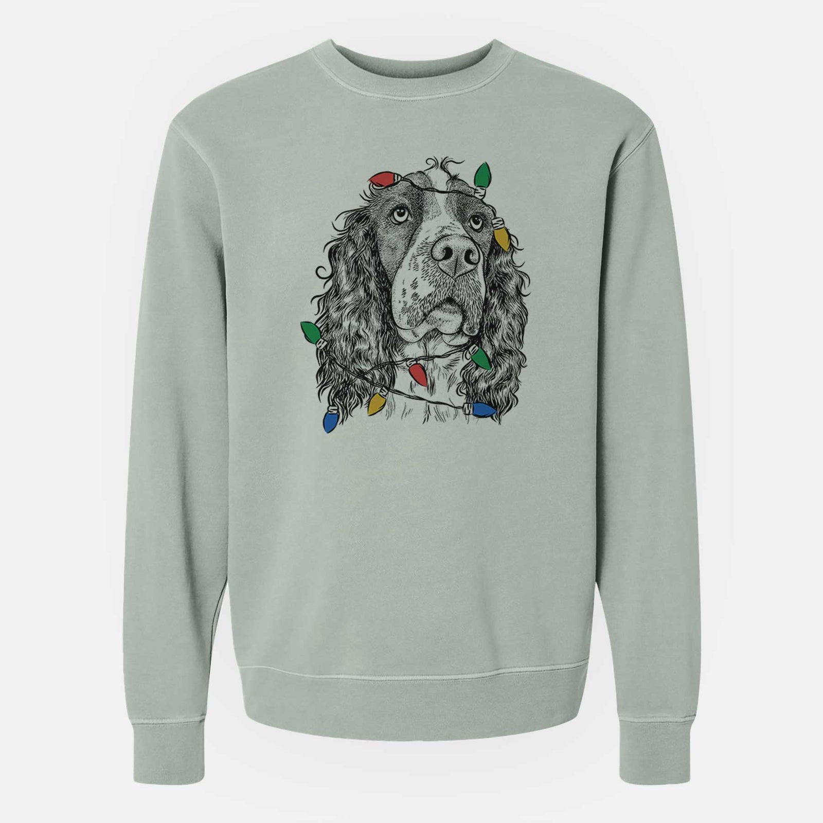 Hand-drawn sketch of Millie Mae the English Springer Spaniel wrapped in Christmas lights on a Sage Unisex pigment dyed crew sweatshirt