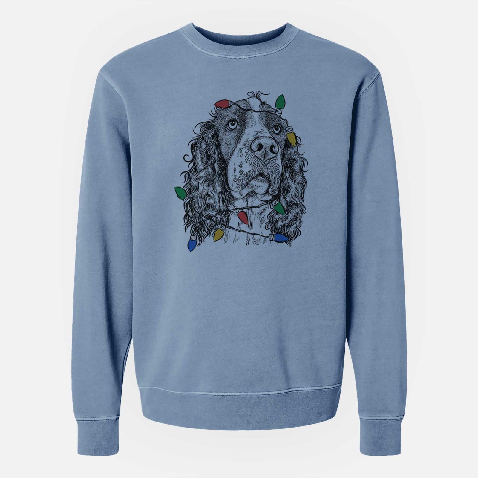 Hand-drawn sketch of Millie Mae the English Springer Spaniel wrapped in Christmas lights on a Slate Blue Unisex pigment dyed crew sweatshirt
