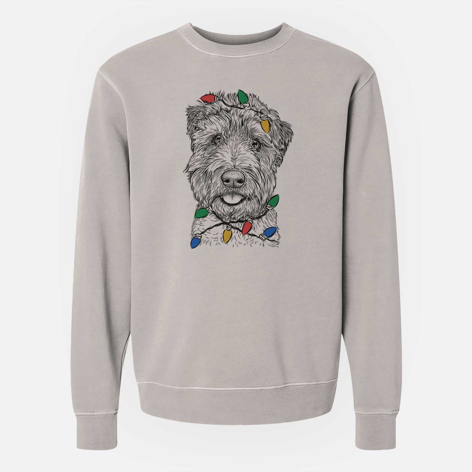 Hand-drawn sketch of Milton the Soft Coated Wheaten Terrier wrapped in Christmas lights on a Cement Unisex pigment dyed crew sweatshirt