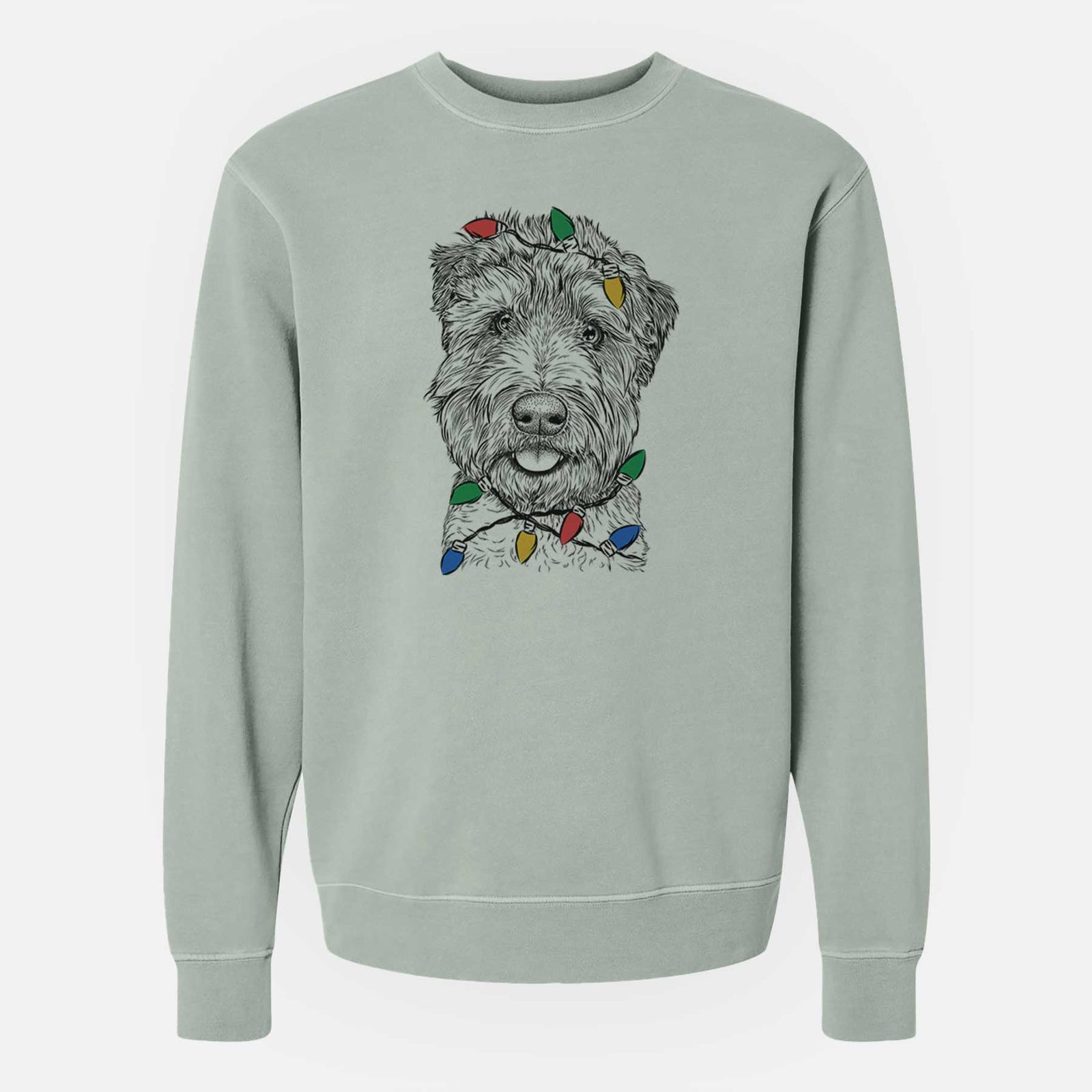 Hand-drawn sketch of Milton the Soft Coated Wheaten Terrier wrapped in Christmas lights on a Sage Unisex pigment dyed crew sweatshirt