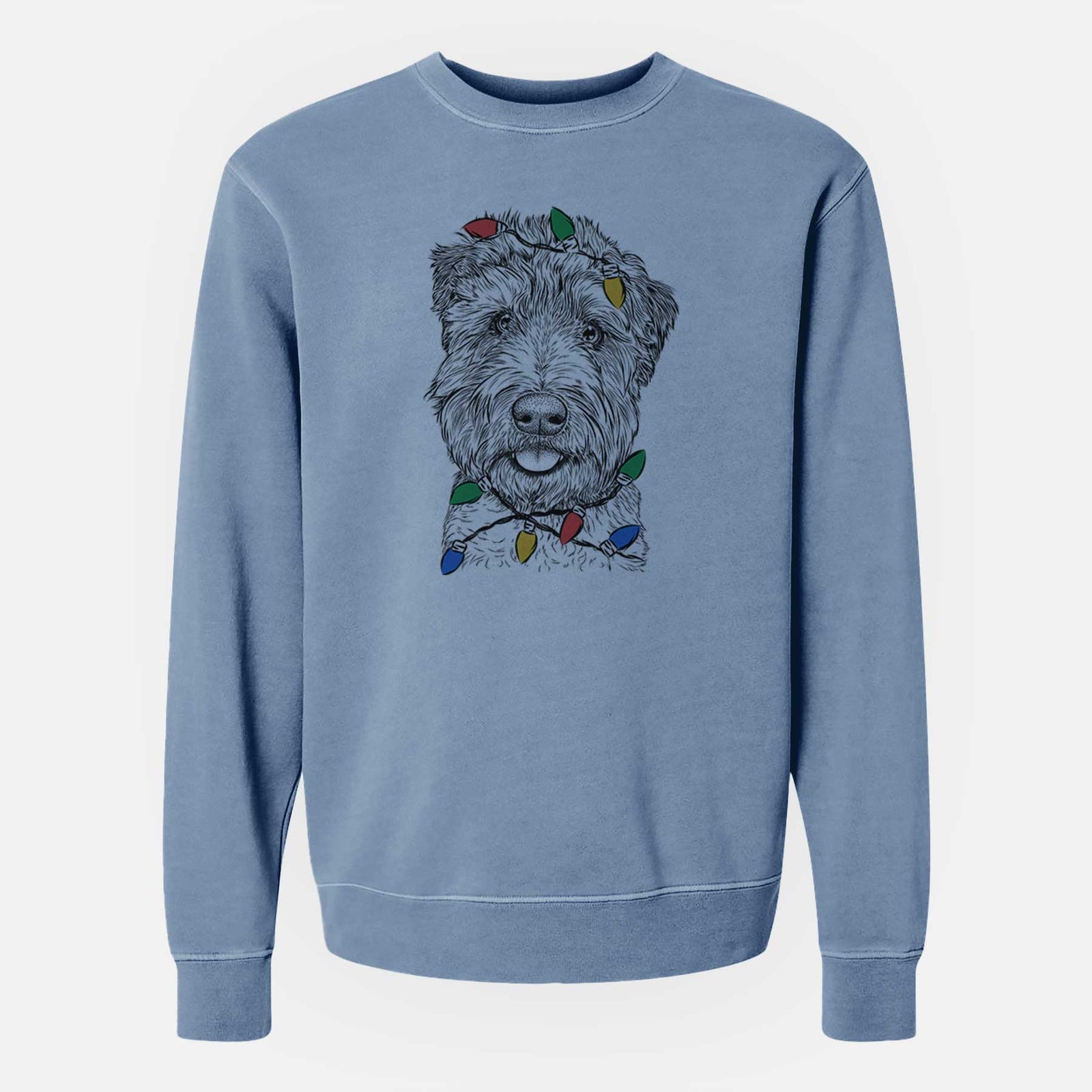 Hand-drawn sketch of Milton the Soft Coated Wheaten Terrier wrapped in Christmas lights on a Slate Blue Unisex pigment dyed crew sweatshirt