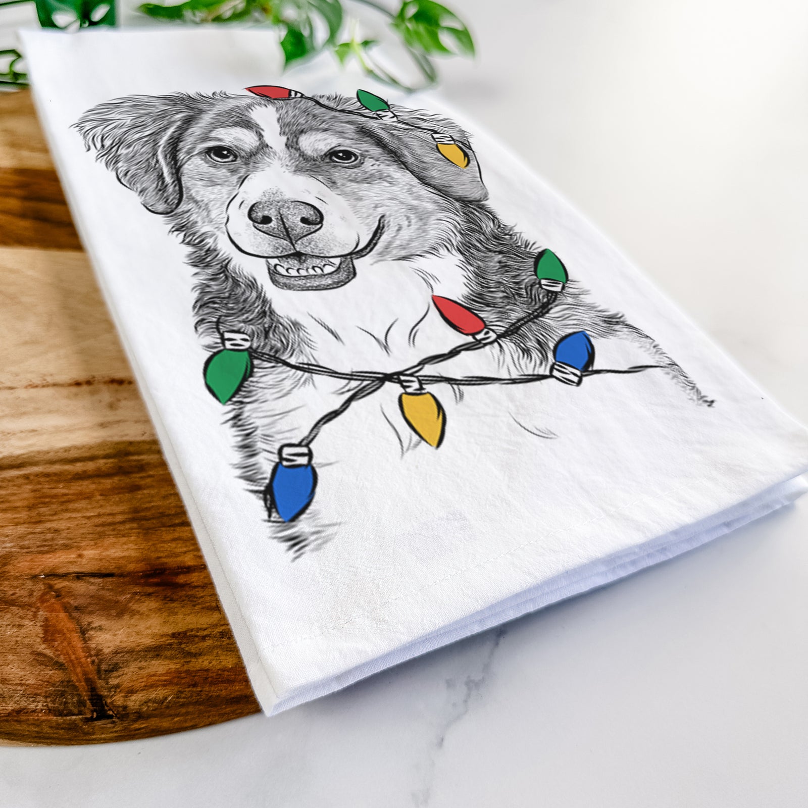 Hand-drawn sketch of Molly the Miniature Bernedoodle wrapped in Christmas lights on a tea towel