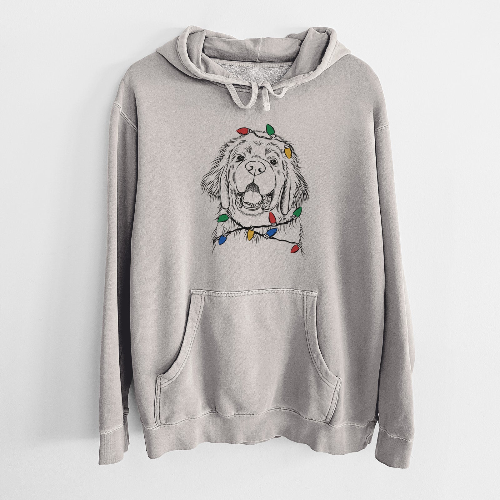 Hand-drawn sketch of Mozart the Newfoundland wrapped in Christmas lights on a Cement Unisex pigment dyed hoodie