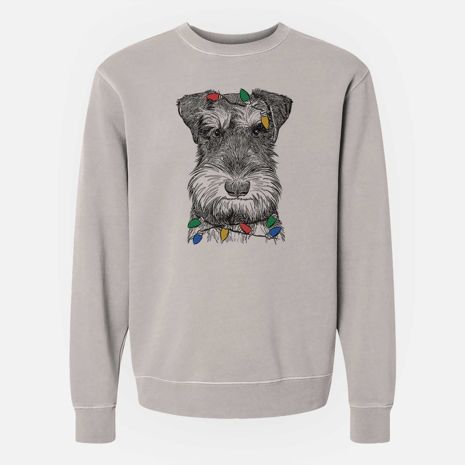 Hand-drawn sketch of Murphy the Mini Schnauzer wrapped in Christmas lights on a Cement Unisex pigment dyed crew sweatshirt
