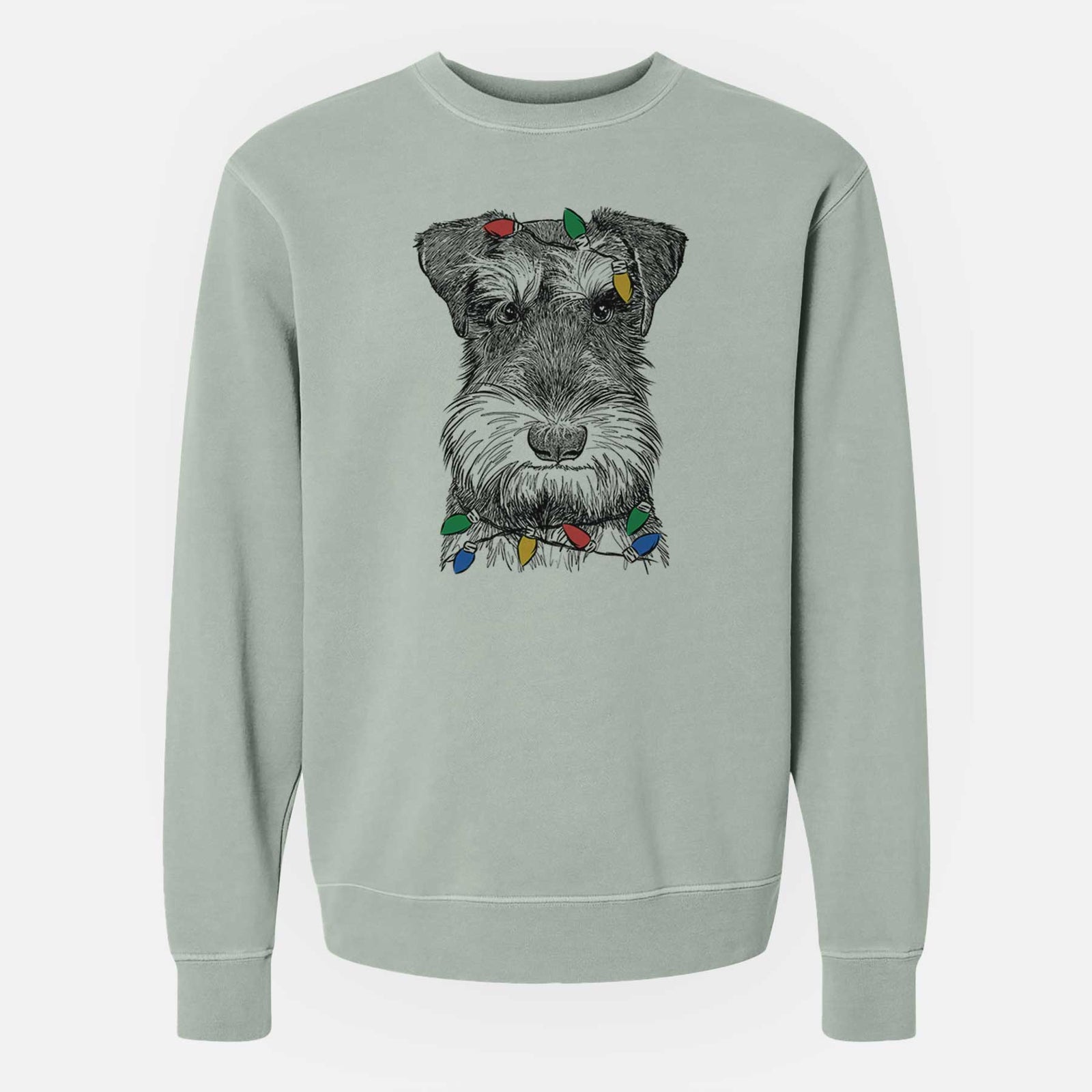Hand-drawn sketch of Murphy the Mini Schnauzer wrapped in Christmas lights on a Sage Unisex pigment dyed crew sweatshirt