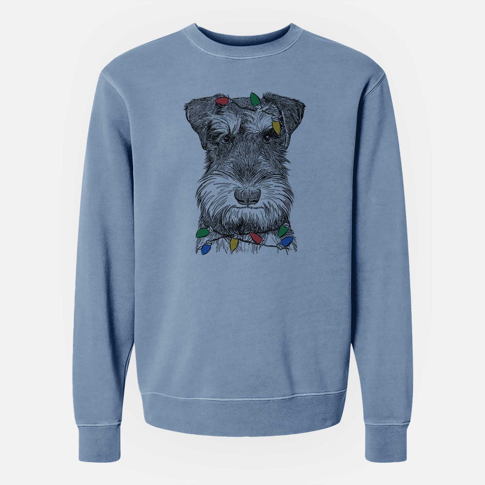 Hand-drawn sketch of Murphy the Mini Schnauzer wrapped in Christmas lights on a Slate Blue Unisex pigment dyed crew sweatshirt