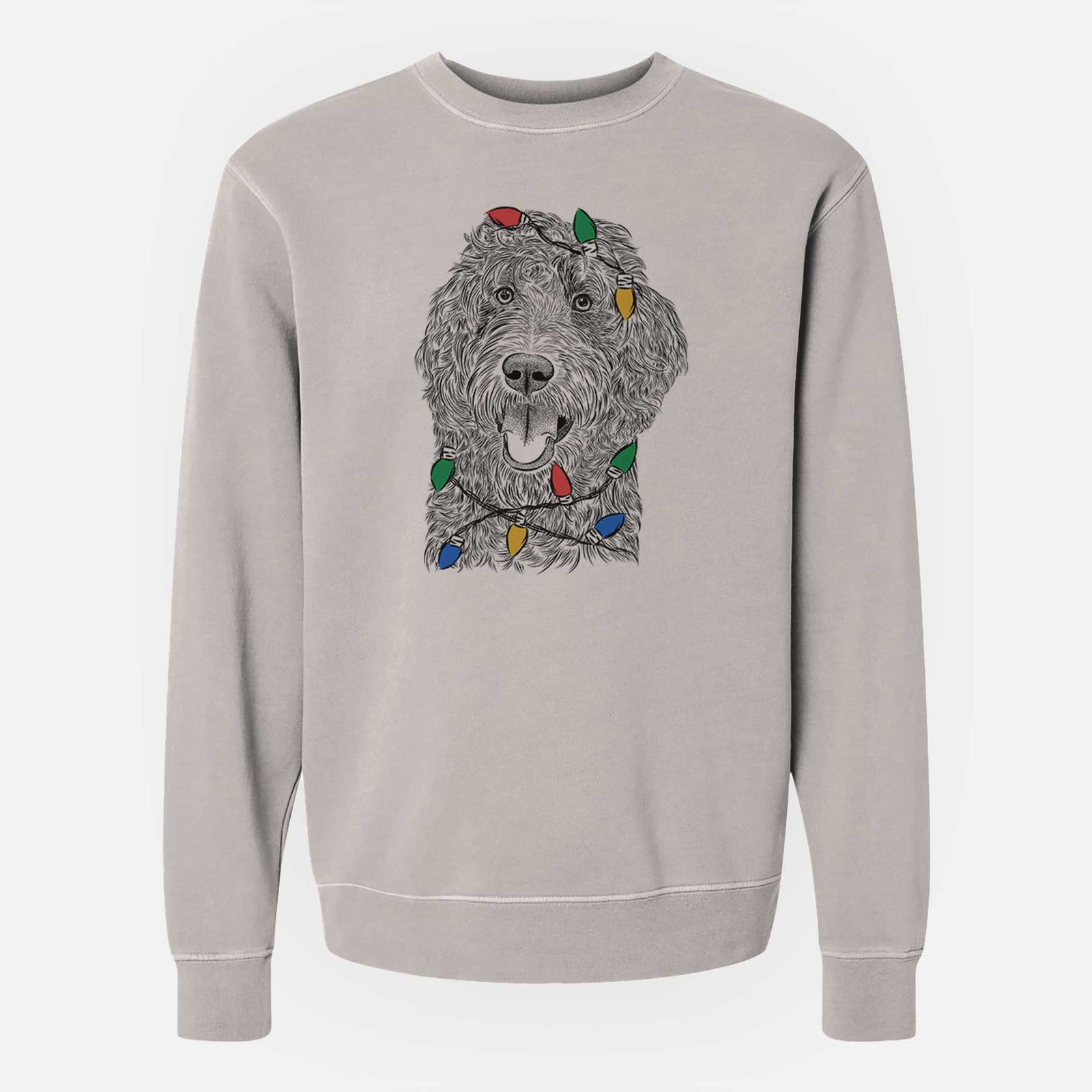 Hand-drawn sketch of Murr Dog the Labradoodle wrapped in Christmas lights on a Cement Unisex pigment dyed crew sweatshirt