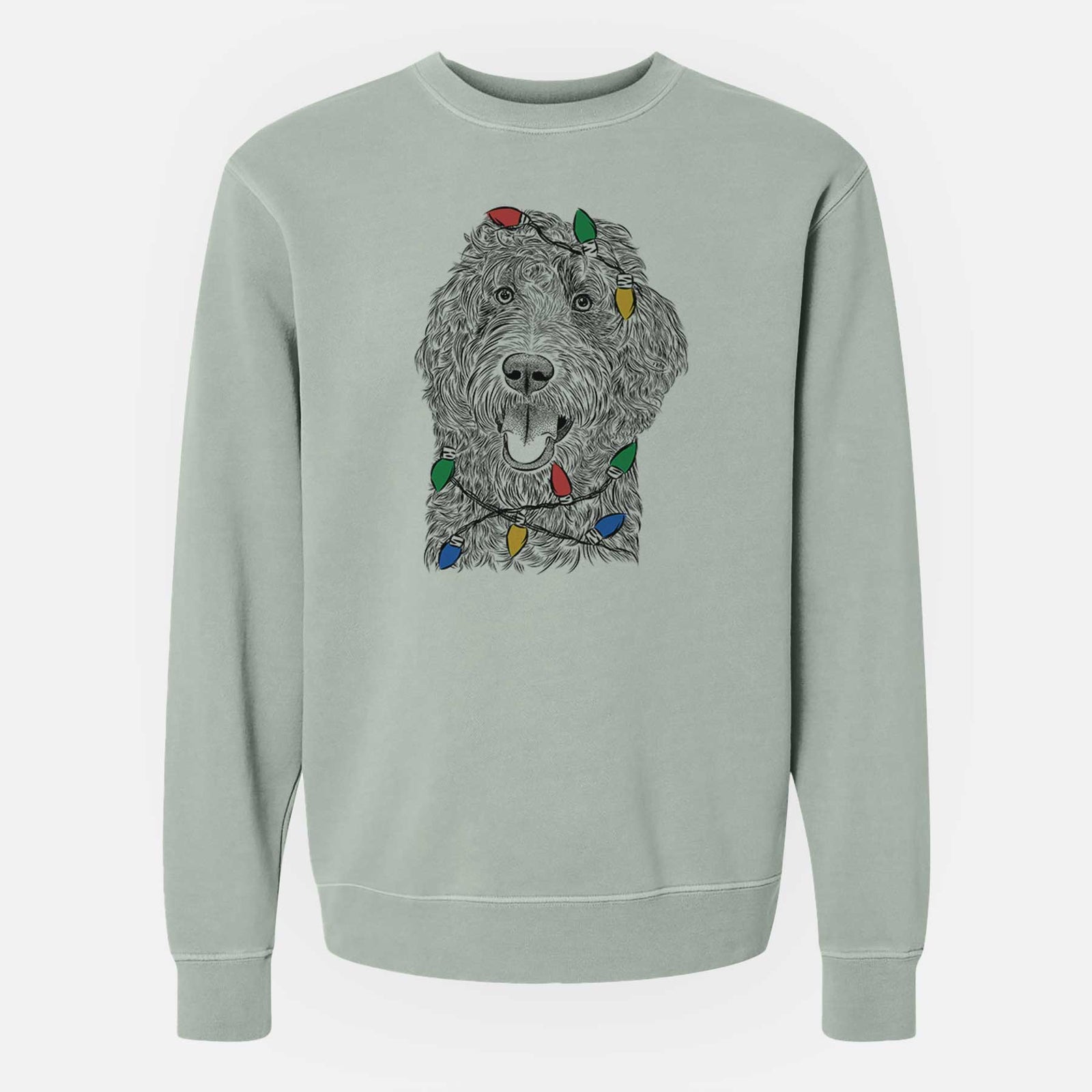 Hand-drawn sketch of Murr Dog the Labradoodle wrapped in Christmas lights on a Sage Unisex pigment dyed crew sweatshirt
